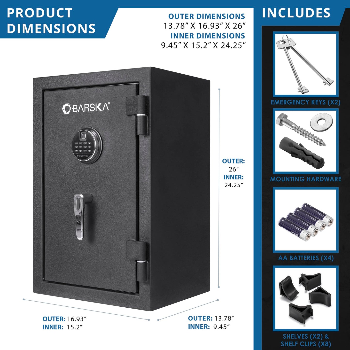 Barska 2.02 Cu Ft Fireproof Biometric Safe with Fingerprint & Keypad Lock – Digital Security Safe with LED Light, Alarm, Dual Access, 30 Min Fire Protection, for Home or Office