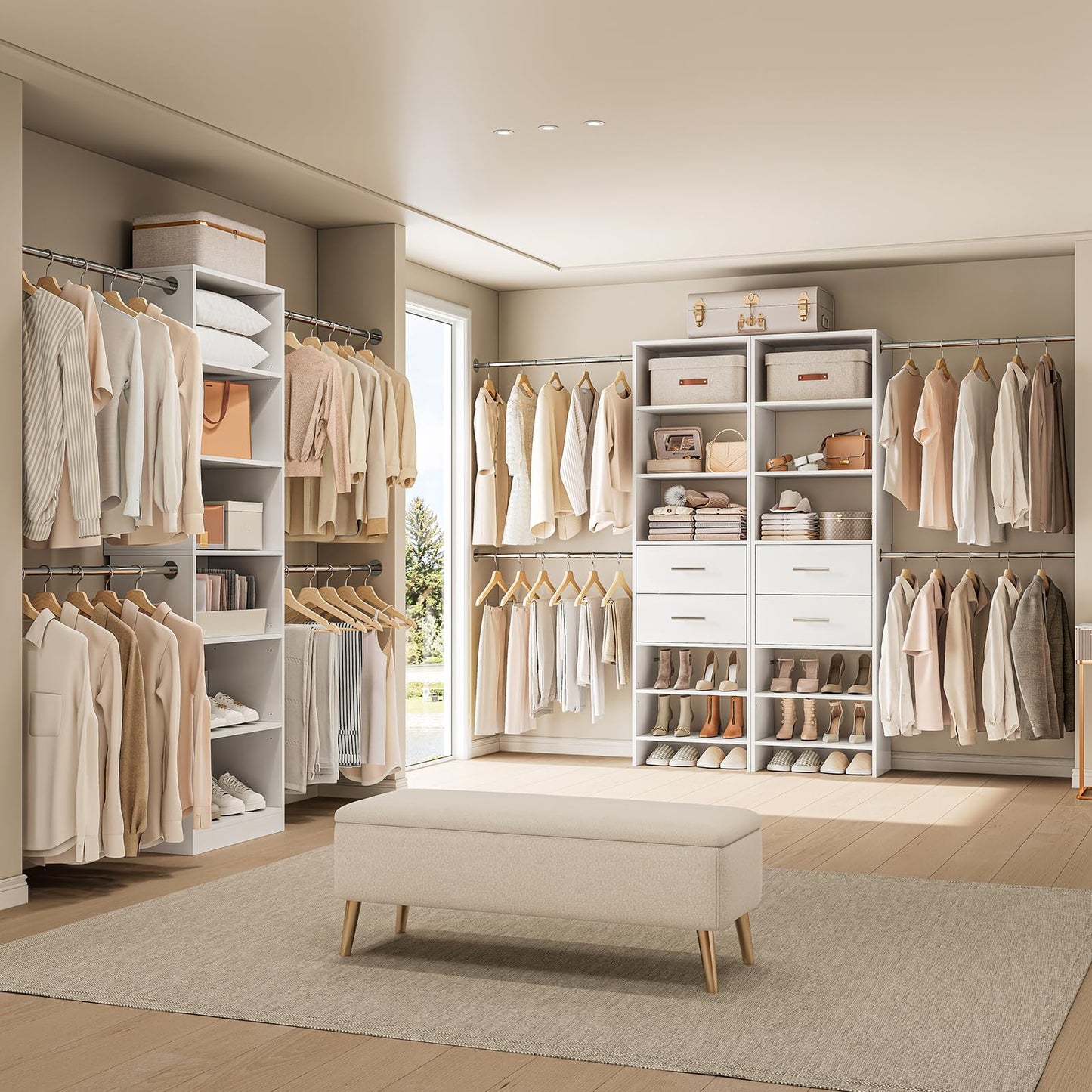 W2 Closet System with 2 Drawers, 3.5FT-7.7FT Closet Organizer System with 4 Chrome-Plated Telescopic Rods & 5 Adjustable Shelves, Custom Wood Walk-In Closet Clothing Rack, White