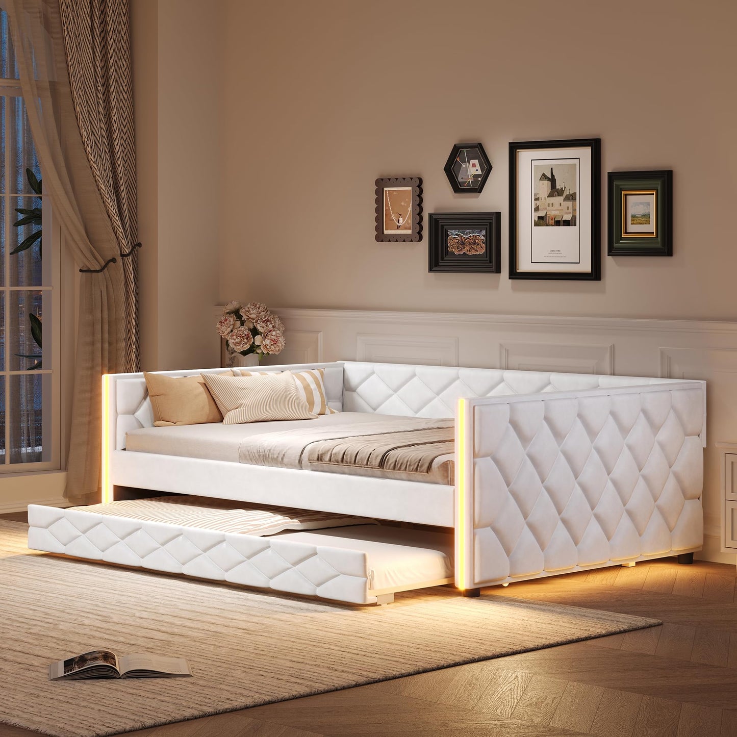 Merax Full XL Upholstered Daybed with Trundle, Modern PU Leather Sofa Bed Frame with Pull-Out Bed, Tufted Daybed Couch for Living Room Guest Room, No Box Spring Needed, White