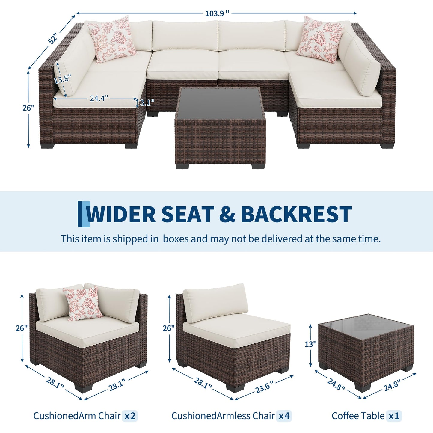 GarveeHome 7-Piece Modular Outdoor Patio Set, Sectional Rattan Wicker Sofa with Water-Resistant & Washable Thick Beige Cushions, Includes Coffee Table, Brown Frame for Garden, Deck, Poolside