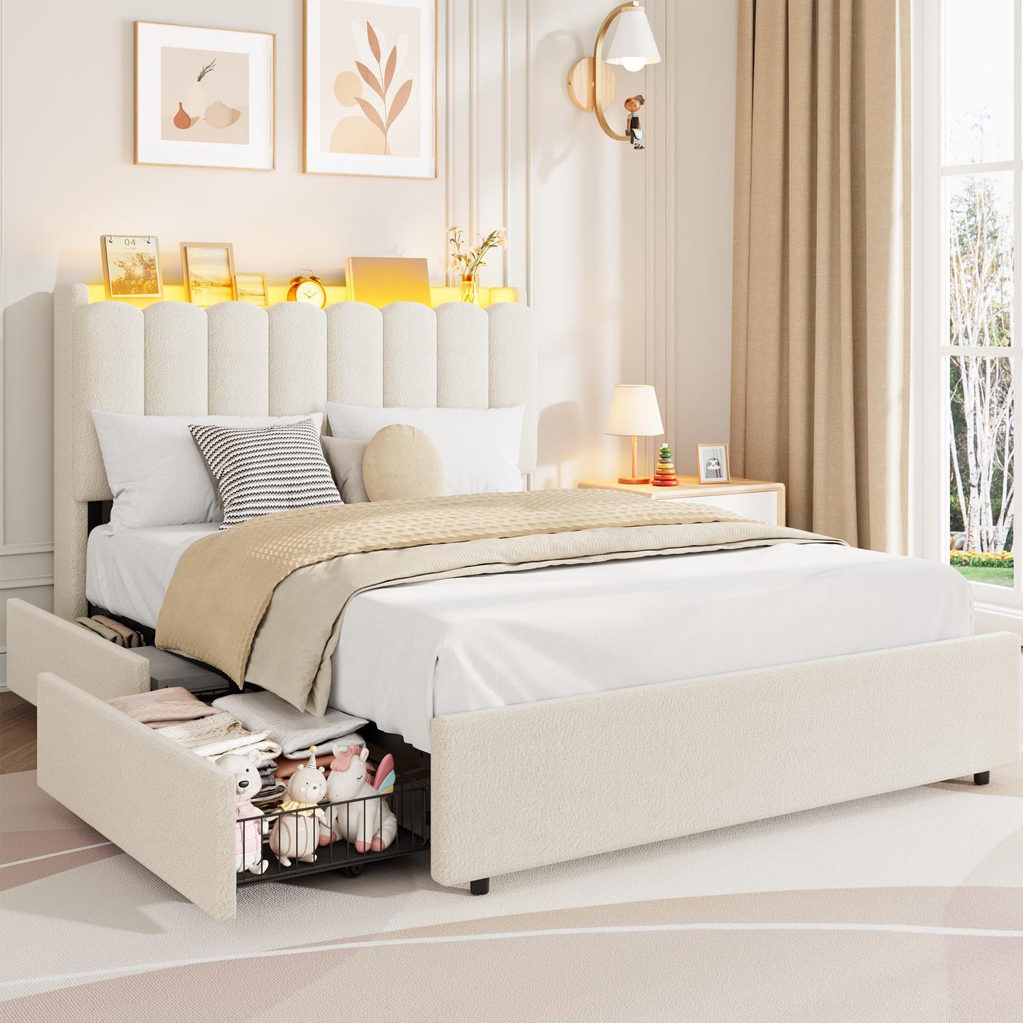Garvee LED Full Size Bed Frame with Storage Headboard, Kids Bed Frame with 2 Drawers, Boucle Upholstered Platform Bed for Girls, Chic Wavy Headboard with Bookcase, No Box Spring Needed, White