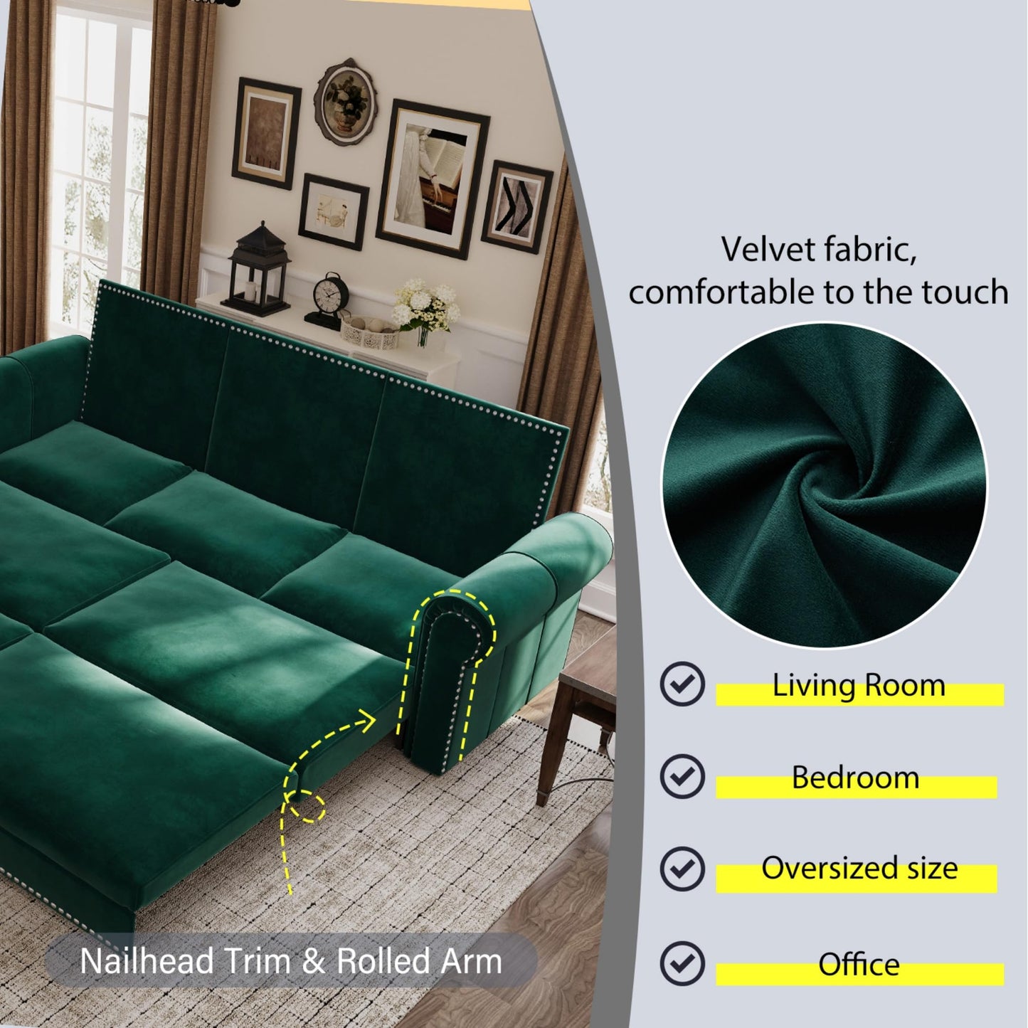Ball & Cast 3-in-1 Convertible Sofa Bed,93.7" Velvet Pull Out Couch Bed King Size, Loveseat Sleeper Sofa with Nailhead Trim & Rolled Arm,Multi-Functional Sofa Couches for Living Room,Green