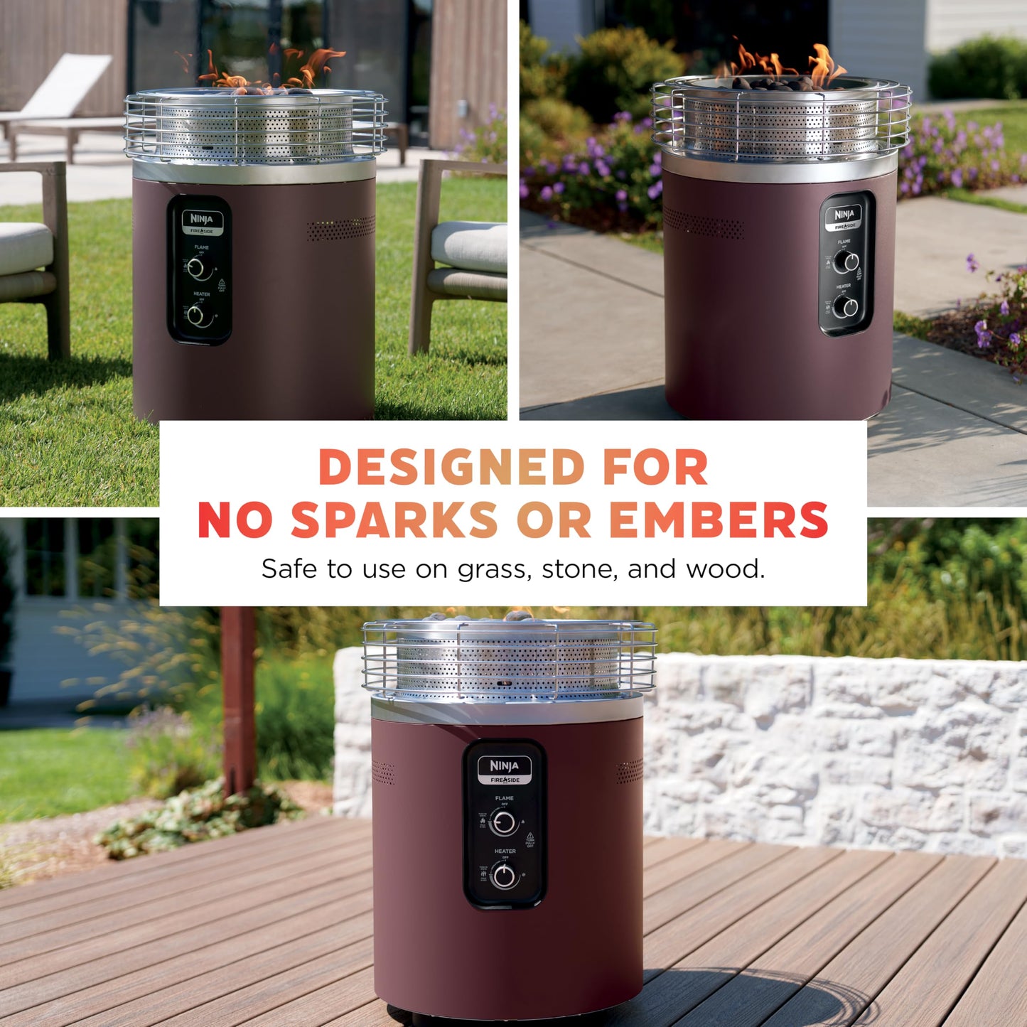 Ninja Fireside360™ Outdoor Heater & Fire Pit | 3 Modes: Flame, Heat, Flame & Heat | Portable for Patio, Deck, Camping, Beach | Easy Control Smokeless Flames | Push to Start Ignition | Maroon | OF101RD