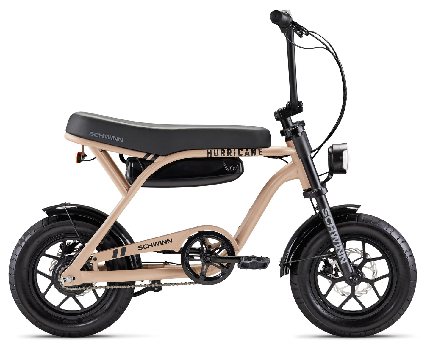 Schwinn Hurricane Compact Electric Bike, 30 Mile Range, 400W Peak Motor, Mechanical Disc Brakes, Ages 13+, 14" Wheels, Tan