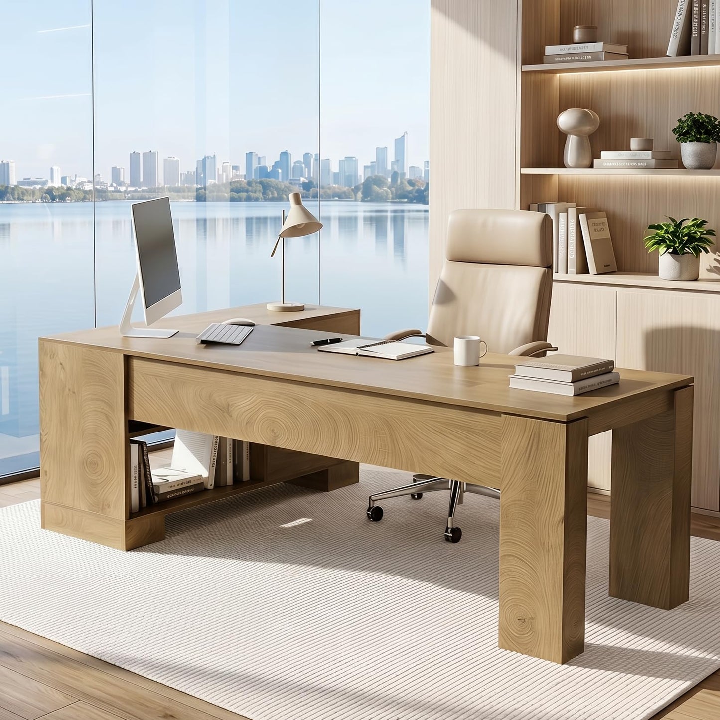 LITTLE TREE 78.7" L Shaped Office Desk with Drawers, Executive Computer Desk with Open Shelves Storage, Farmhouse Large Wooden L Desks Business Furniture, Brown