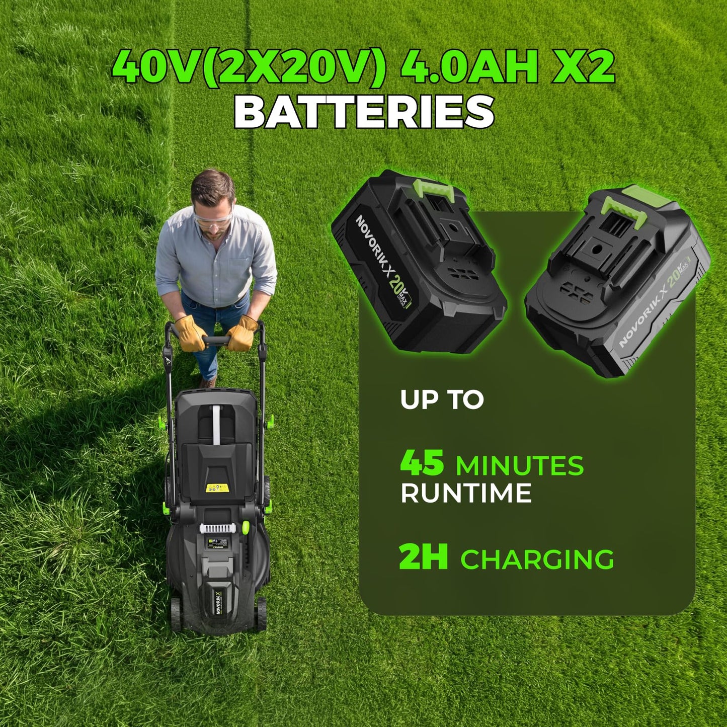 NovorikX 40V 17-Inch Cordless Lawn Mower, Brushless Electric Lawn Mower with Dual 4.0Ah Batteries & Charger, 6 Cutting Heights, 2-in-1 Mulching & Bagging