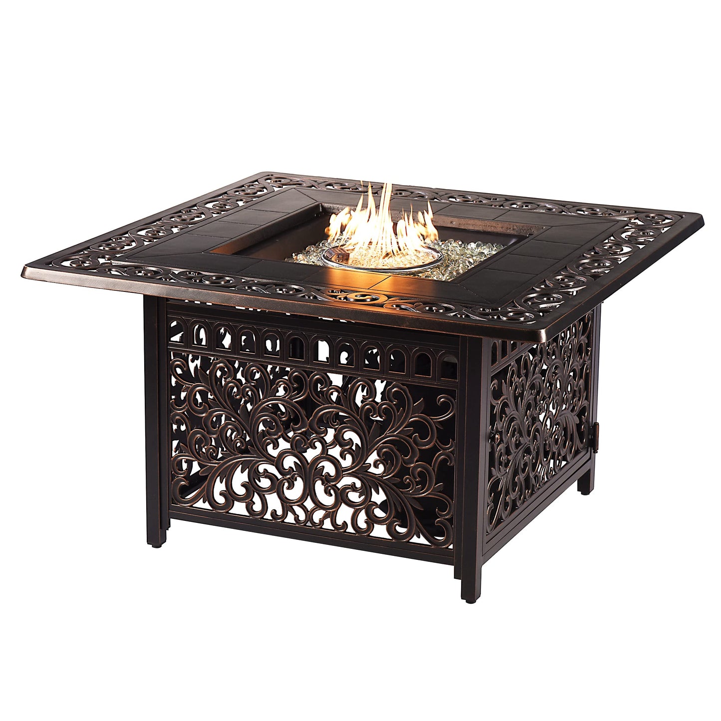 Oakland Living Black Aluminum Patio Fire Table Set with Four Club Chairs with Red Cushions