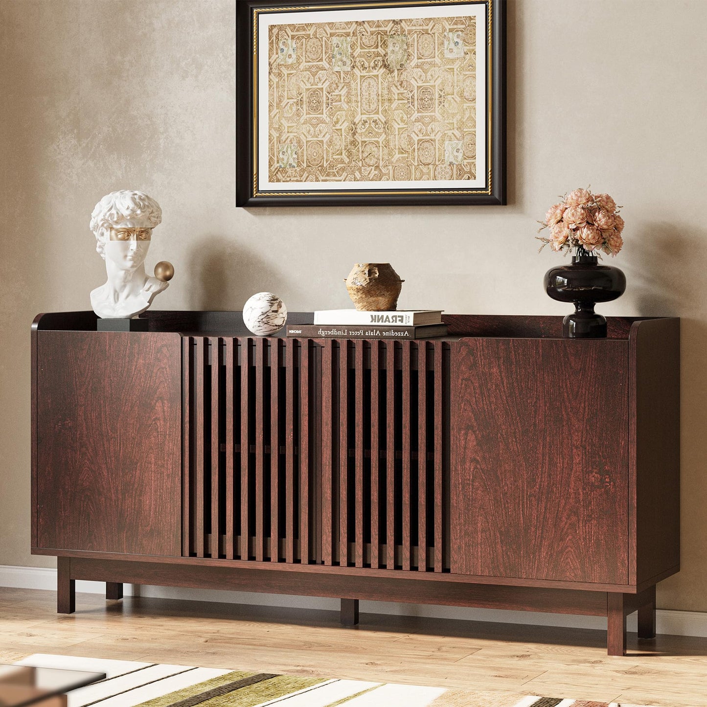 IRONCK Storage Cabinet with Grille Doors, Natural Red Walnut