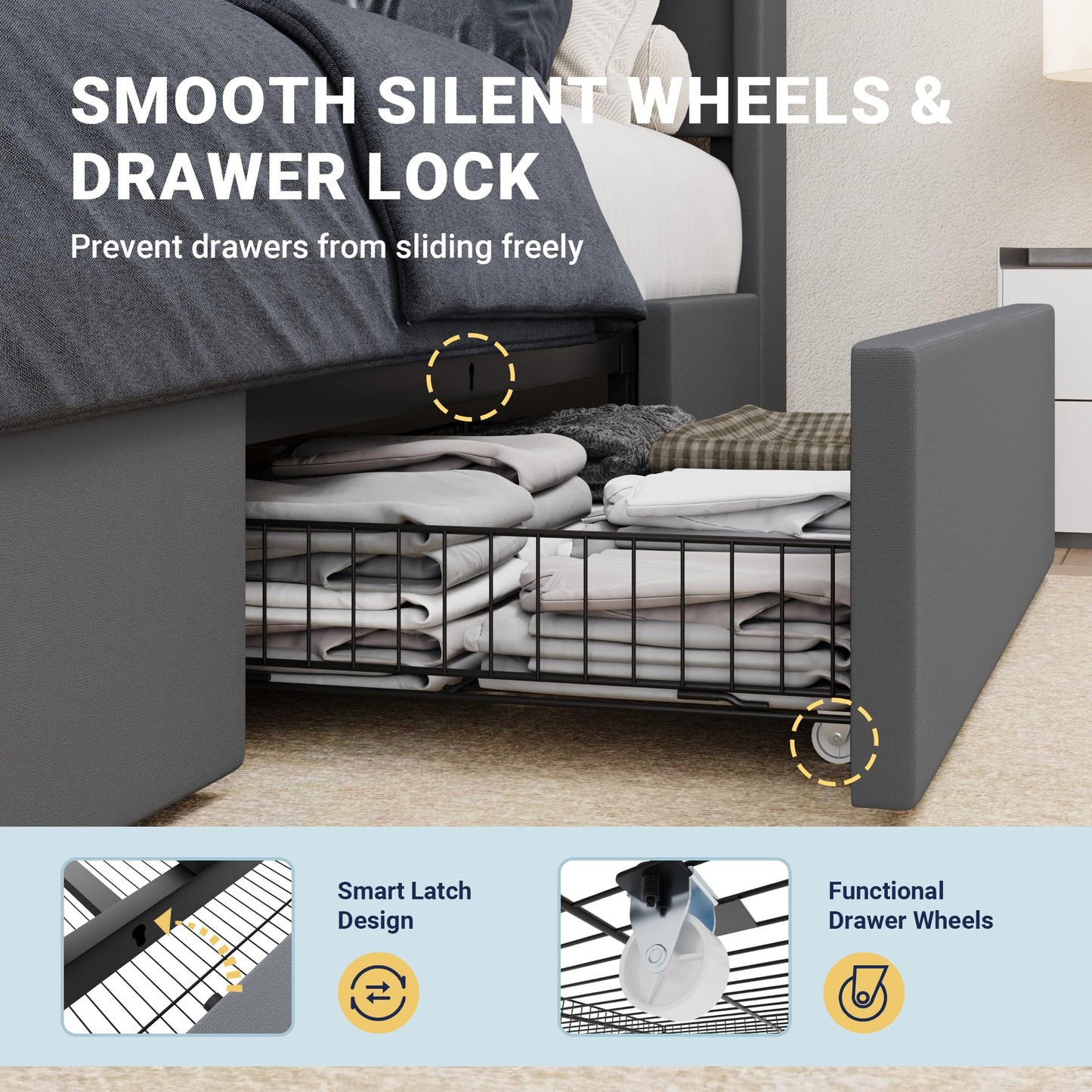 Allewie Queen Size Velvet Bed Frame with 3 Storage Drawers, Upholstered Platform Bed with Wingback Storage Headboard and USB Ports, No Box Spring Needed, Easy Assembly, Grey