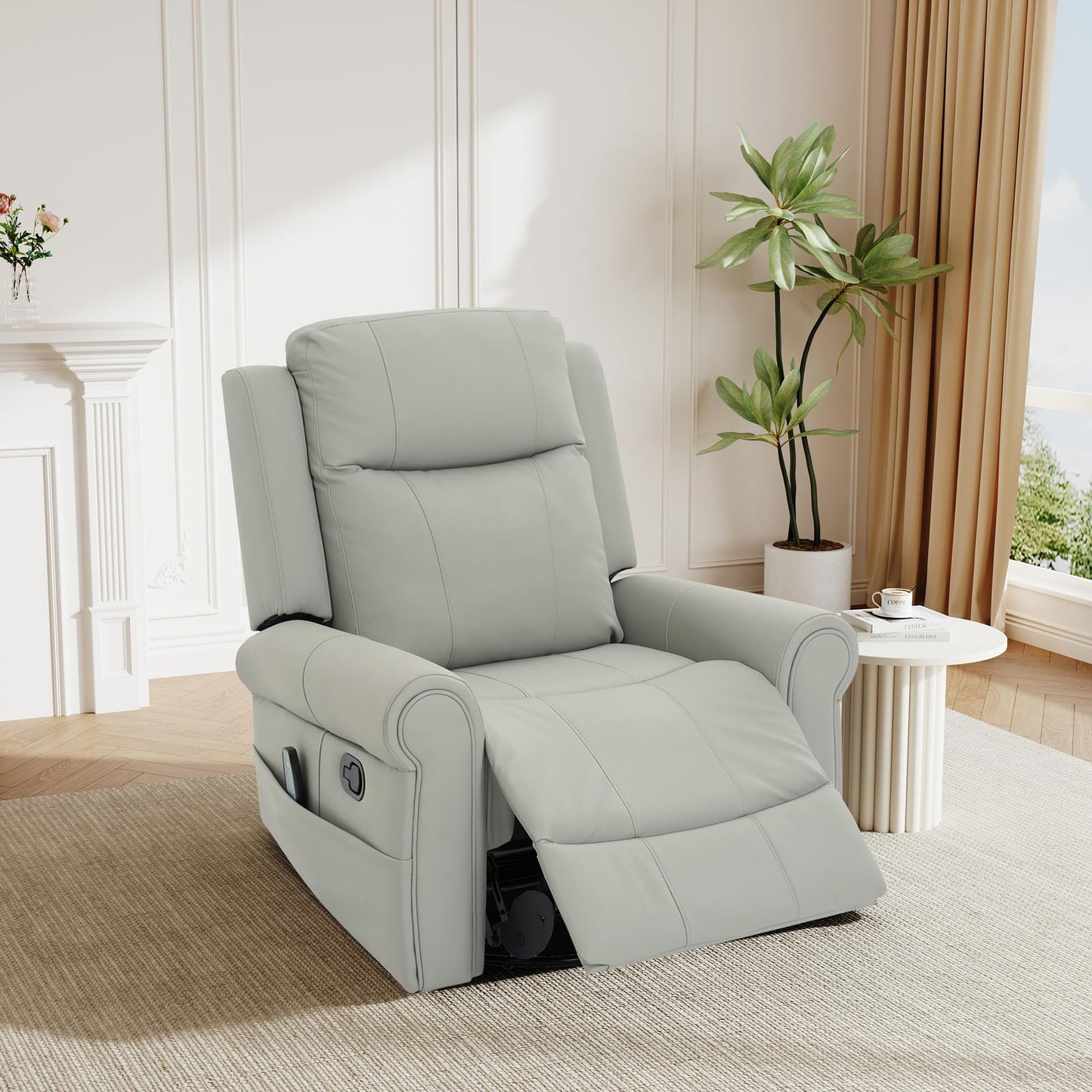 Merax 270°Swivel Rocker Recliner Chair, PU Leather Manual Recliner with Massage and Heating, Dual Reclining Positions and Side Pocket and for Living Room, Bedroom, or Nursery, Grey
