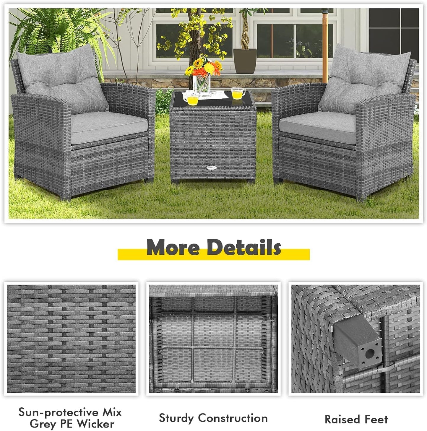 LDAILY Patio Furniture Set, 3 Pieces PE Rattan Wicker Patio Sofa Chairs with Washable Cushion & Glass Table, Outdoor Furniture Conversation Sets for Porch, Balcony, Garden, Poolside (Gray)