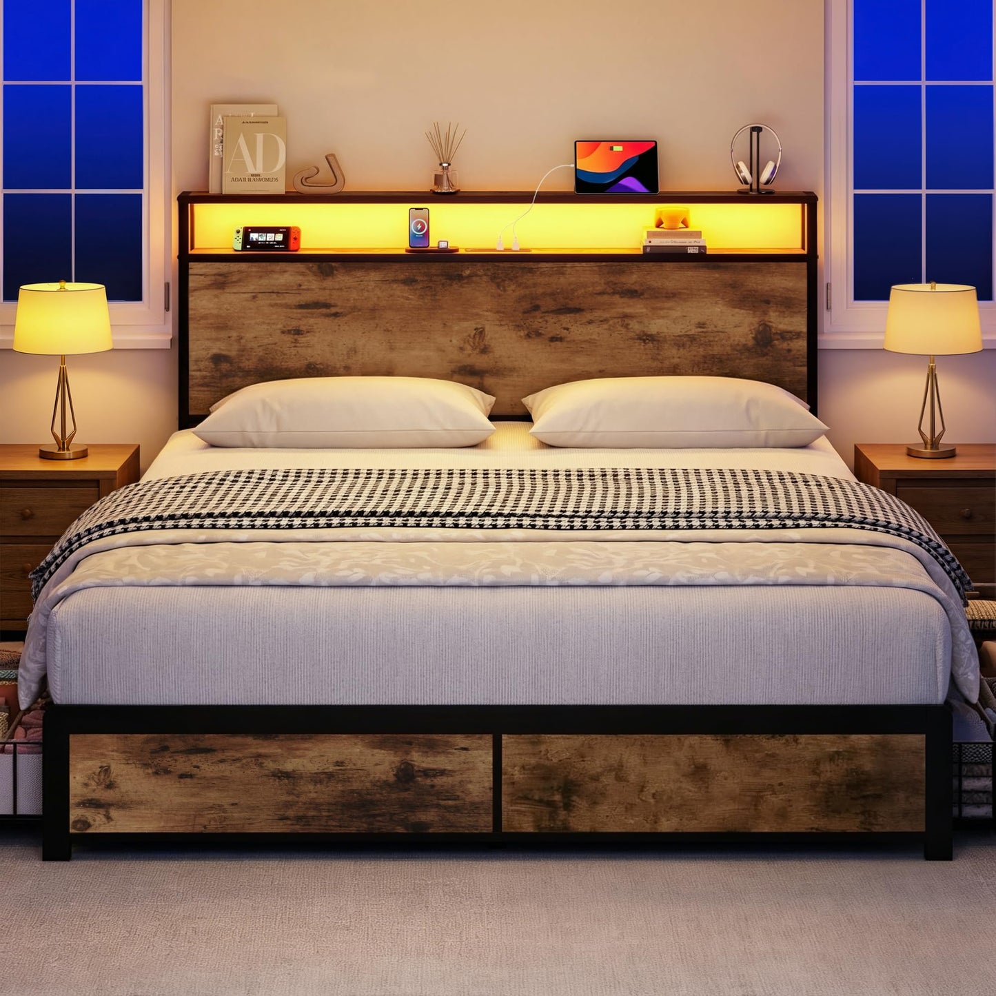 Lifezone Queen Bed Frame with 2-Tier Storage Headboard, Metal Platform Bed Frame with 4 Storage Drawers, Built in Charging Station & LED, Noise-Free/Metal Support/No Box Spring Needed,Rustic Brown