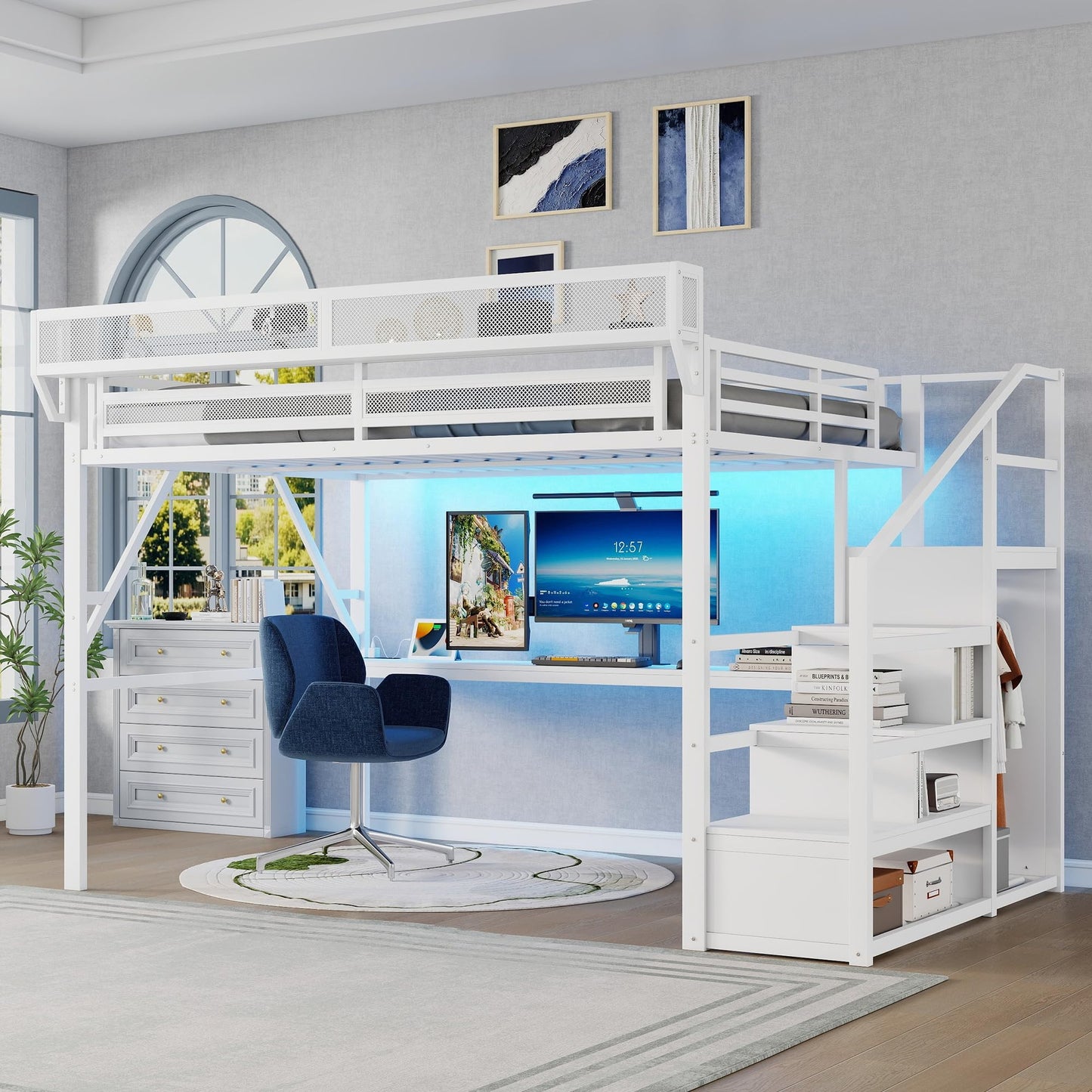 KEIKI Queen Size Metal Loft Bed Frame with Desk, Staircase, Built-in Storage Shelves and Wardrobe, Modern Loft Bed with Solid Slat, Guardrail, No Box Spring Required, Easy Assembly, for Bedroom, White