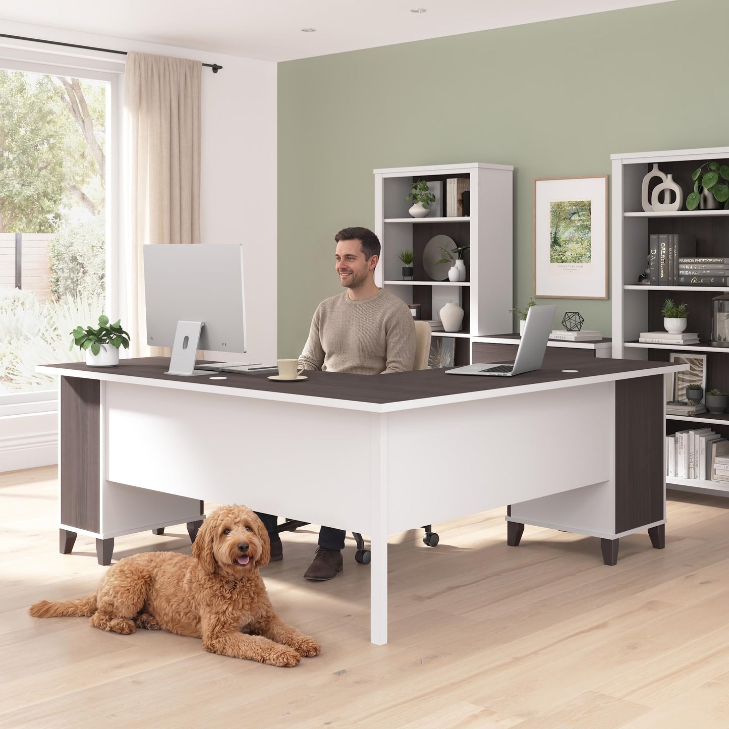 Bush Home 72-Inch L-Shaped Desk with Storage, Corner Computer Office Desk with File and Box Drawers, Home Office Workstation with Storage Cabinet, Somerset Collection, Storm Gray and White