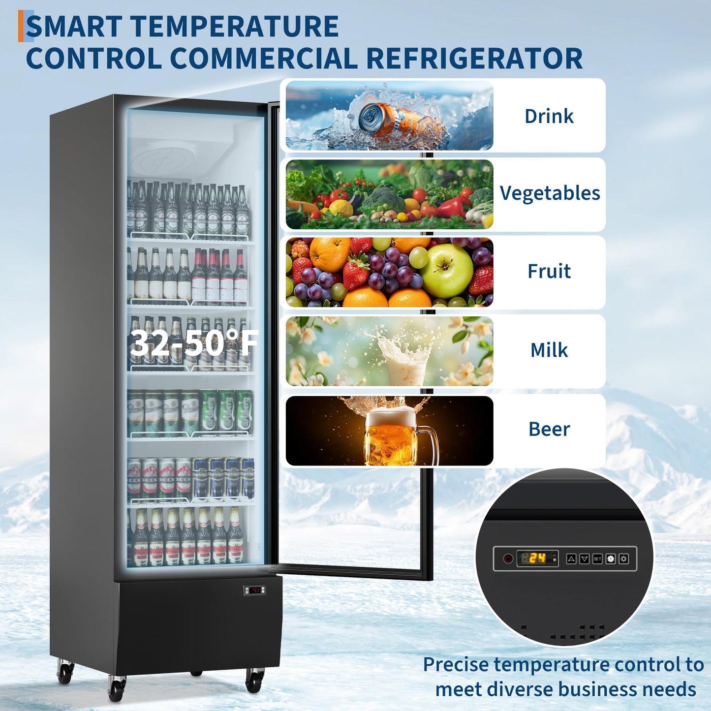 13.4 CF Commercial Refrigerator Display Refrigerator, Glass Door Upright Fridge, Cooler with Adjustable Shelves, Beverage Refrigerator for Shop, Restaurant, Store, Kitchen Appliances, Black