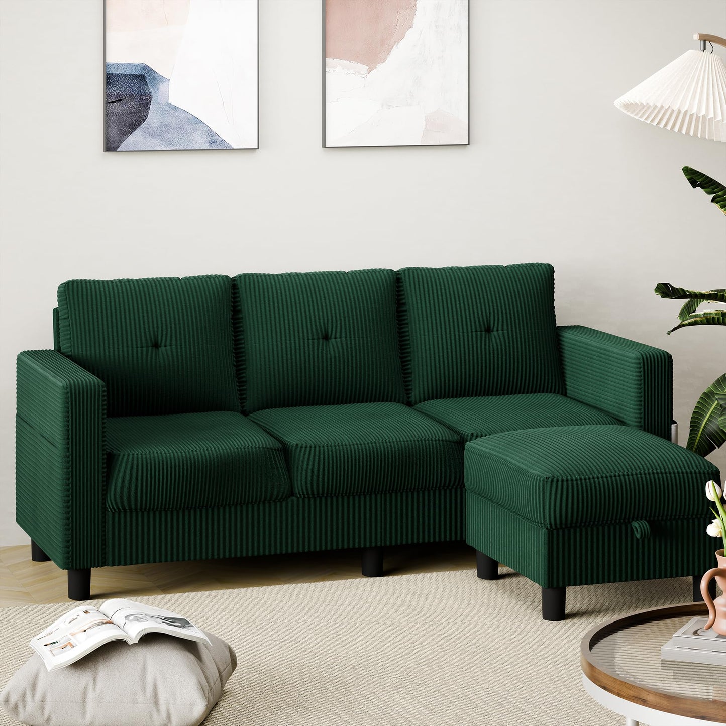 Shintenchi 76" Modern Upholstered Sectional Sofa, L-Shaped Couch with Storage Ottoman and Reversible Chaise for Living Room, Green Linen Fabric