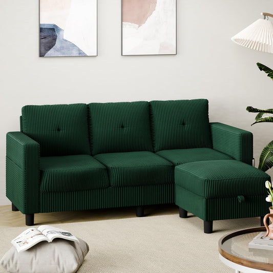 Shintenchi 76" Modern Upholstered Sectional Sofa, L-Shaped Couch with Storage Ottoman and Reversible Chaise for Living Room, Green Linen Fabric