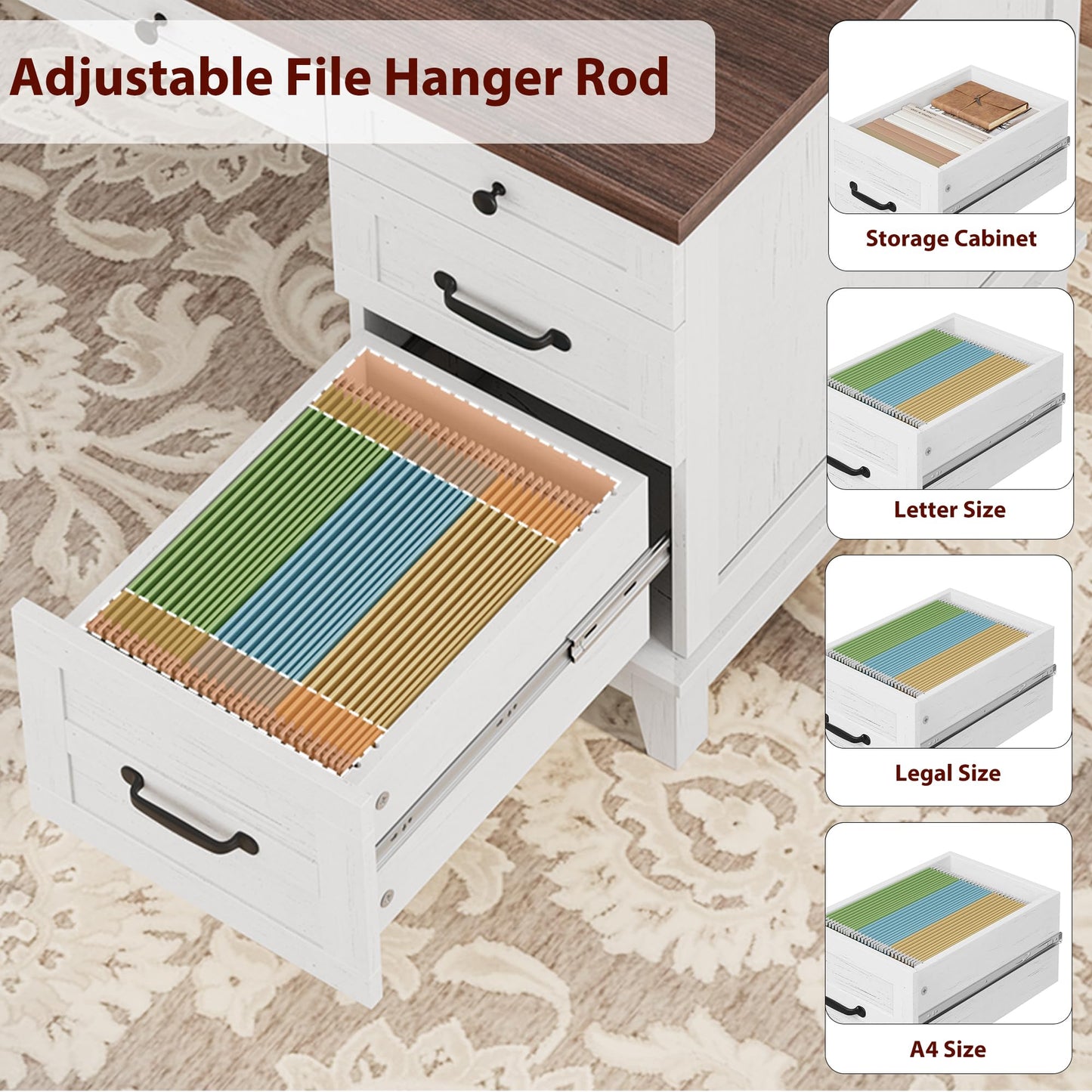GarveeHome Executive Desk with Drawers, Farmhouse Home Office Desk with Charging Station, 53.54 in Wooden Computer Desk with File Cabinet Storage for Work Study Writing,White Walunt
