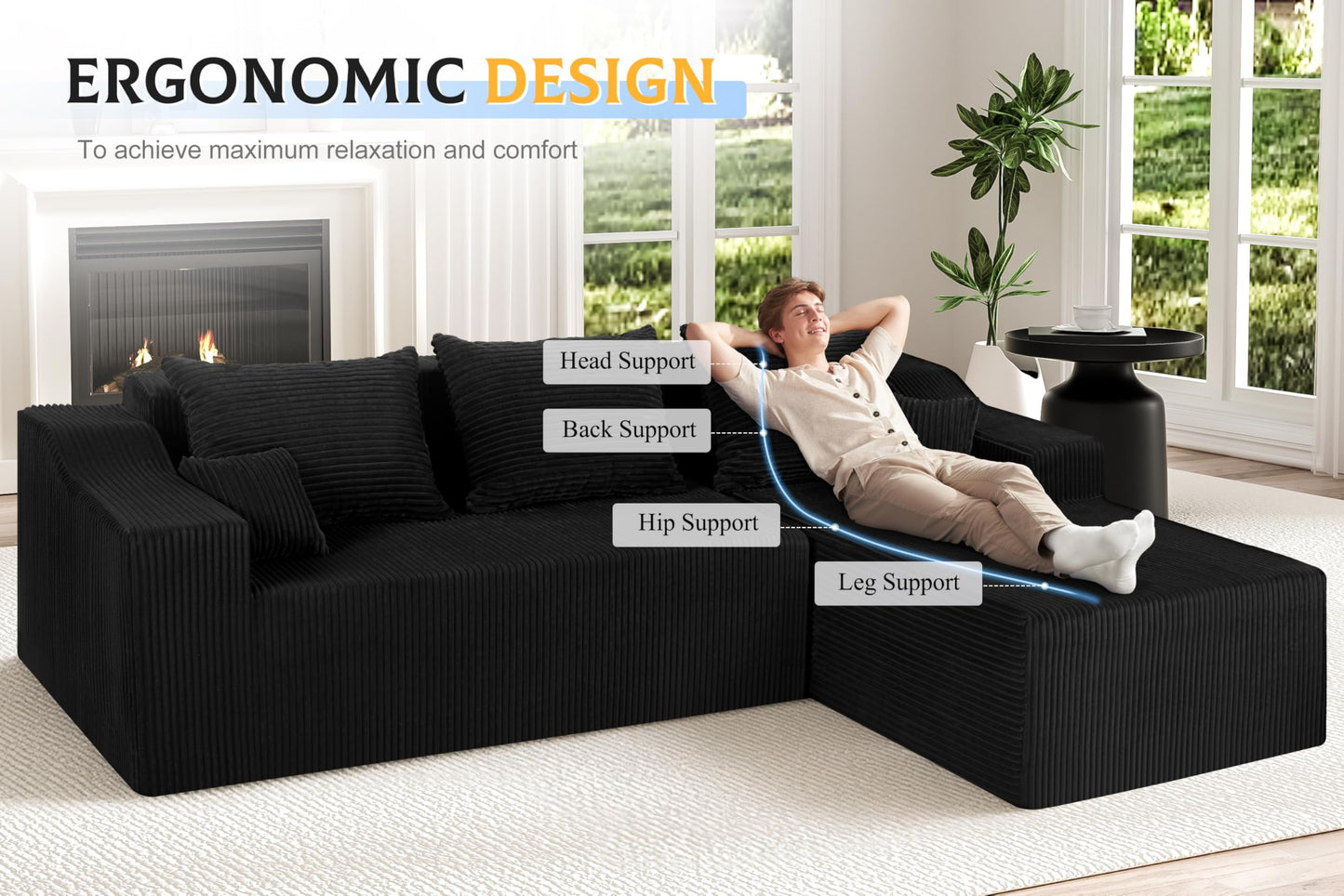 HABUTWAY 105" Modular Sectional Couches for Living Room, Boneless Couch with L-Shape Chaise,Comfy Sofa Living Room Sofas with Deep Seat,No Assembly, Corduroy Fabric(Black,Right)