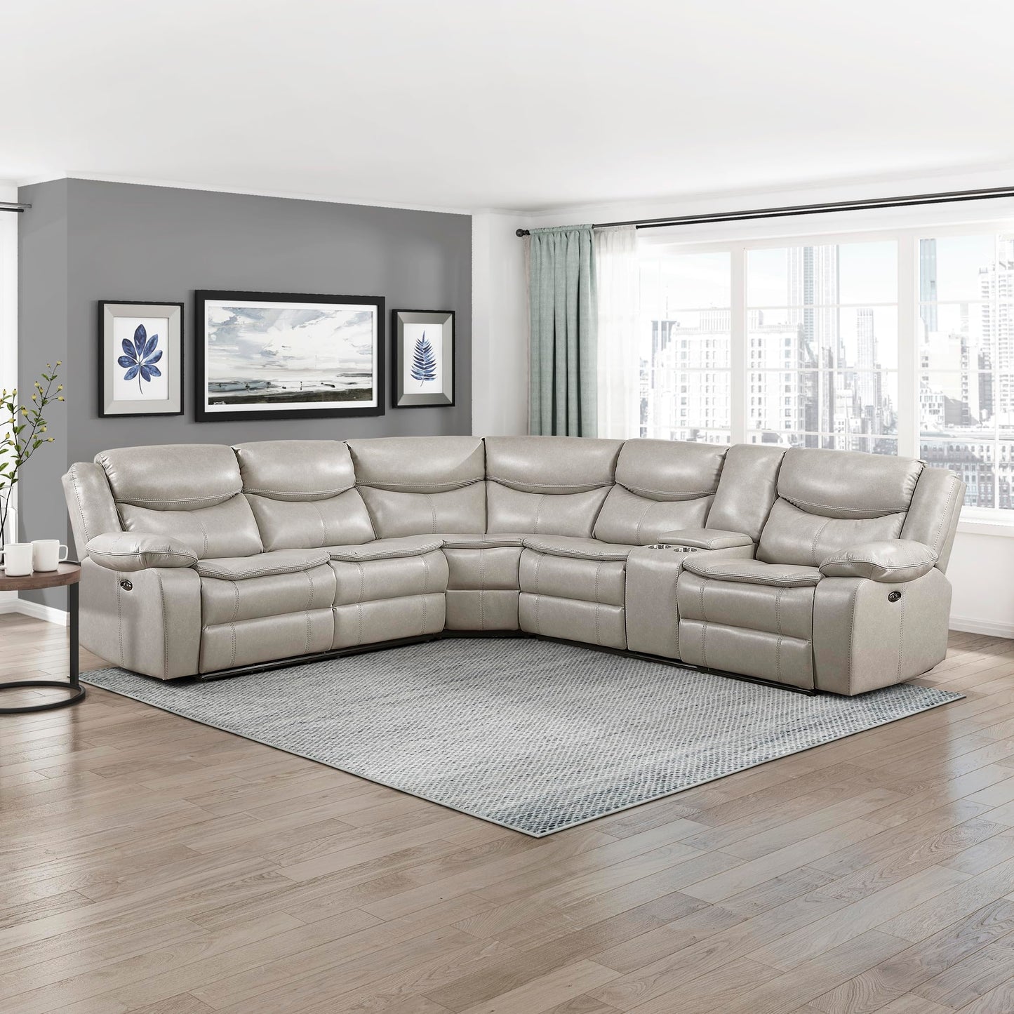 Lexicon L-Shaped Power Reclining Sectional Couch, Faux Leather Reclining Sectional Sofa, 3 Recliners, Wall Hugger, Right Storage Console, Cup Holders, Receptacles, Charging Ports, Silver Gray