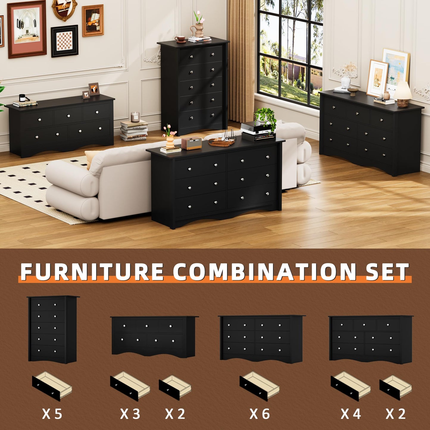 Flamaker Dresser for Bedroom, 6 Drawer Dresser, 47.2'' Wood Dressers, Wide Chest of Drawer, Storage Drawers, Storage Organizer for Closet, Hallway (Black)