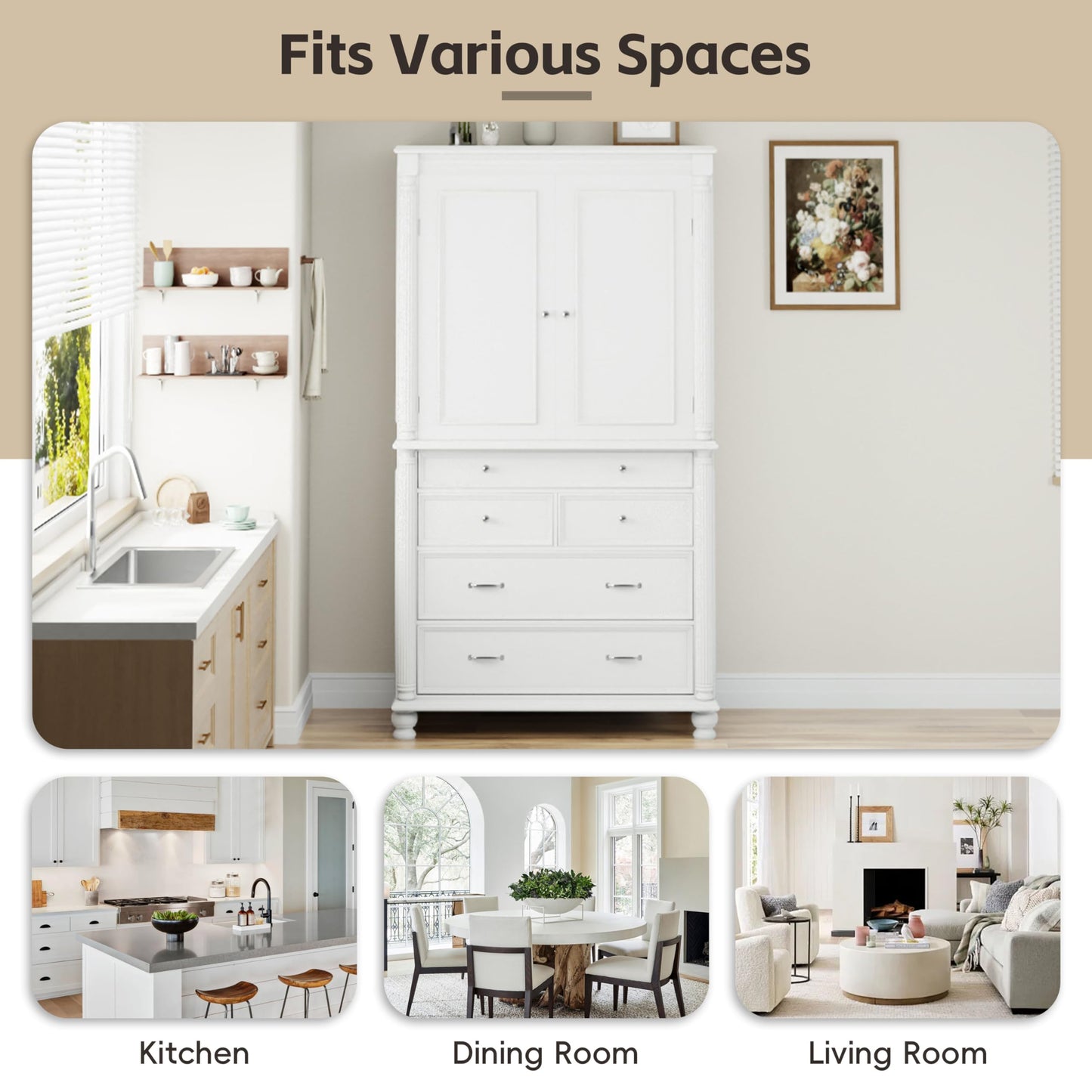 Merax 77" Tall Large Kitchen Pantry Storage Cabinet with 2 Doors & 2 Adjustable Shelves & 5 Drawers & 6 Side Door Shelves, Modern Freestanding Food Pantry for Dining Room, Living Room, White