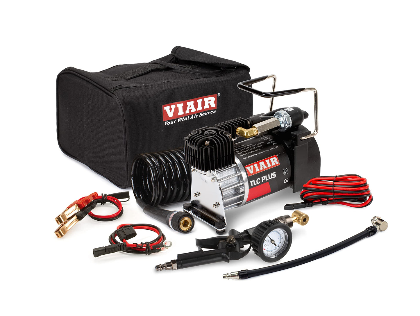 VIAIR TLC PLUS Air Compressor - Portable, Compact Tire Inflator with 120 PSI - Includes Presta Valve Chuck, Shop-Style Inflation Gun, 2-Pin SAE & 30ft Coil Hose - For Tubeless Bike Tires Setup
