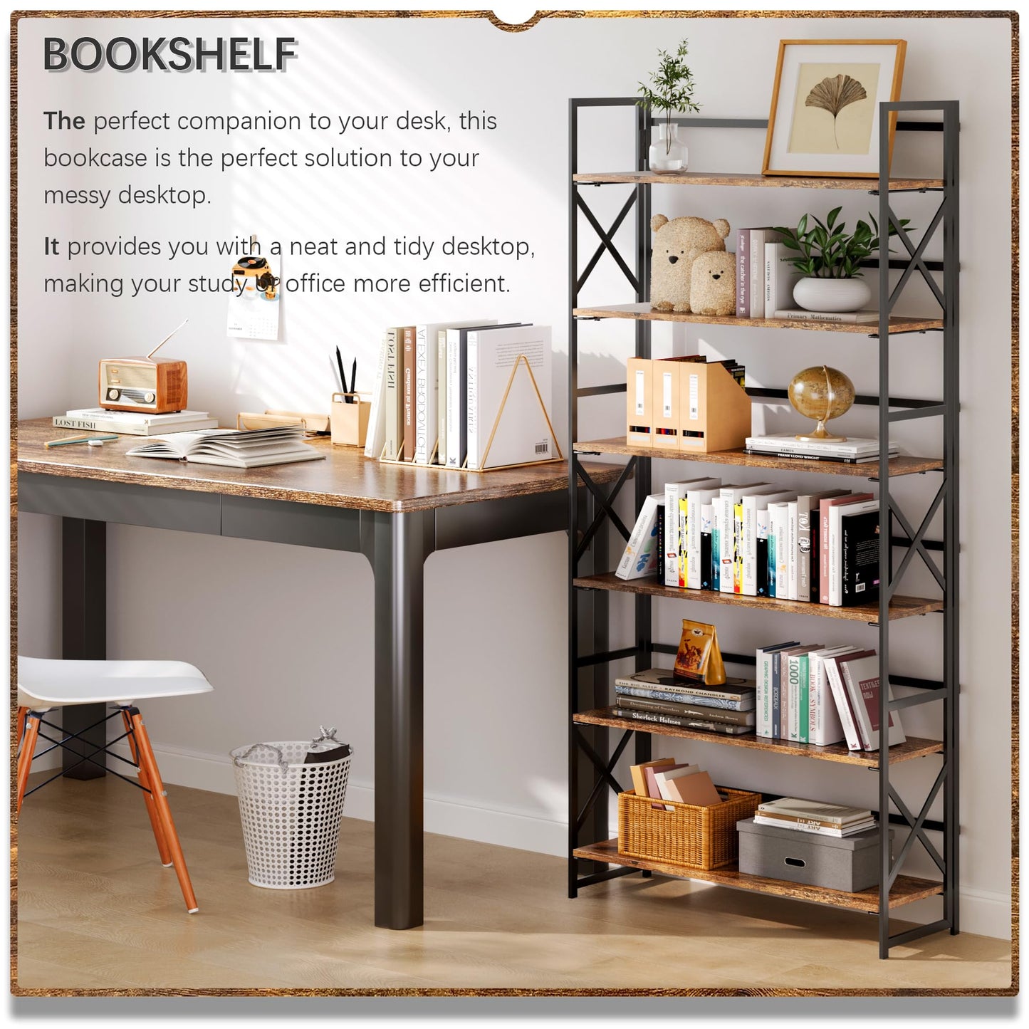 4NM Extra Wide 6 Tiers No Assembly Book Shelves, 61.8" H Folding Bookshelf Bookcase Open Industrial Foldable Shelves for Bedroom, Living Room, Home Office - Rustic Brown Black