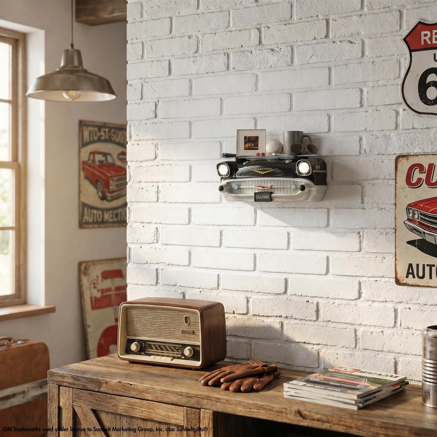 Sunbelt Gifts 1957 Chevrolet Chevy Bel Air Floating Wall Shelf, LED Headlights, Tempered Glass, Retro Classic Car Decor, Garage Man Cave Decor, Black, 20x6.1x8 inches, Gift for Car Enthusiasts