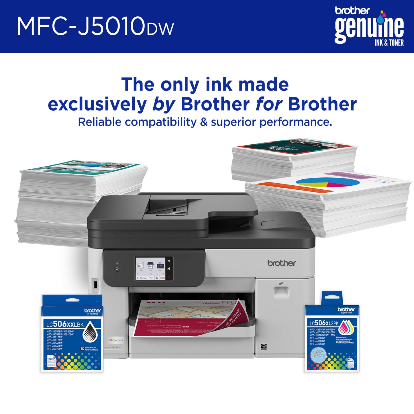 Brother INKvestment 5010 Wireless Color Inkjet All-in-One Printer with Automatic 2-Sided Copy & Scan with 2.7” Color Touchscreen (MCF-J5010DW)