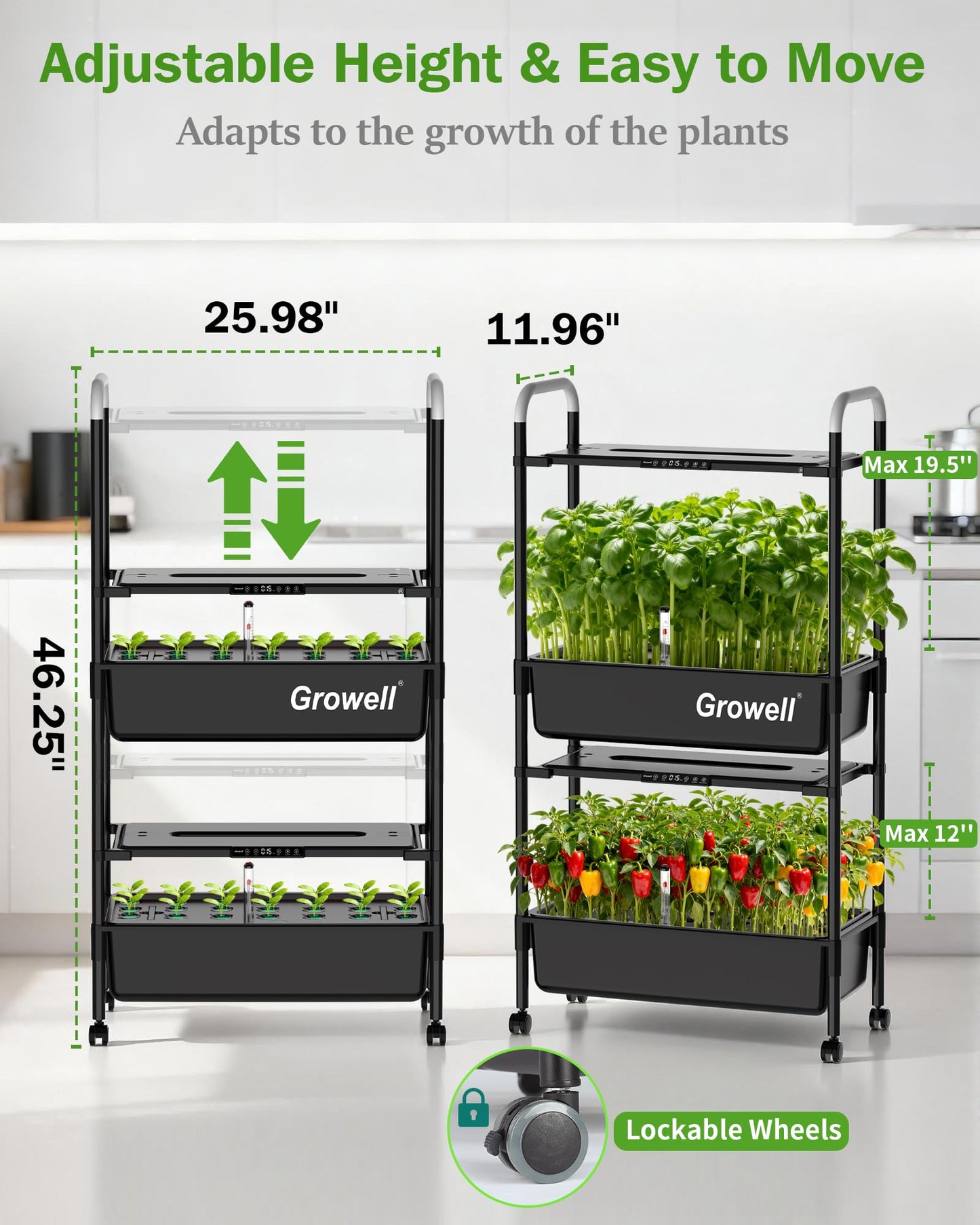 Growell Large Hydroponics Growing System Kit, 54 Pods Vertical Indoor Herb Garden Kit with LED Grow Light & Independent Water Pump, 28L Movable Indoor Planter Perfect Gardening Gifts (2 Tier-Black)