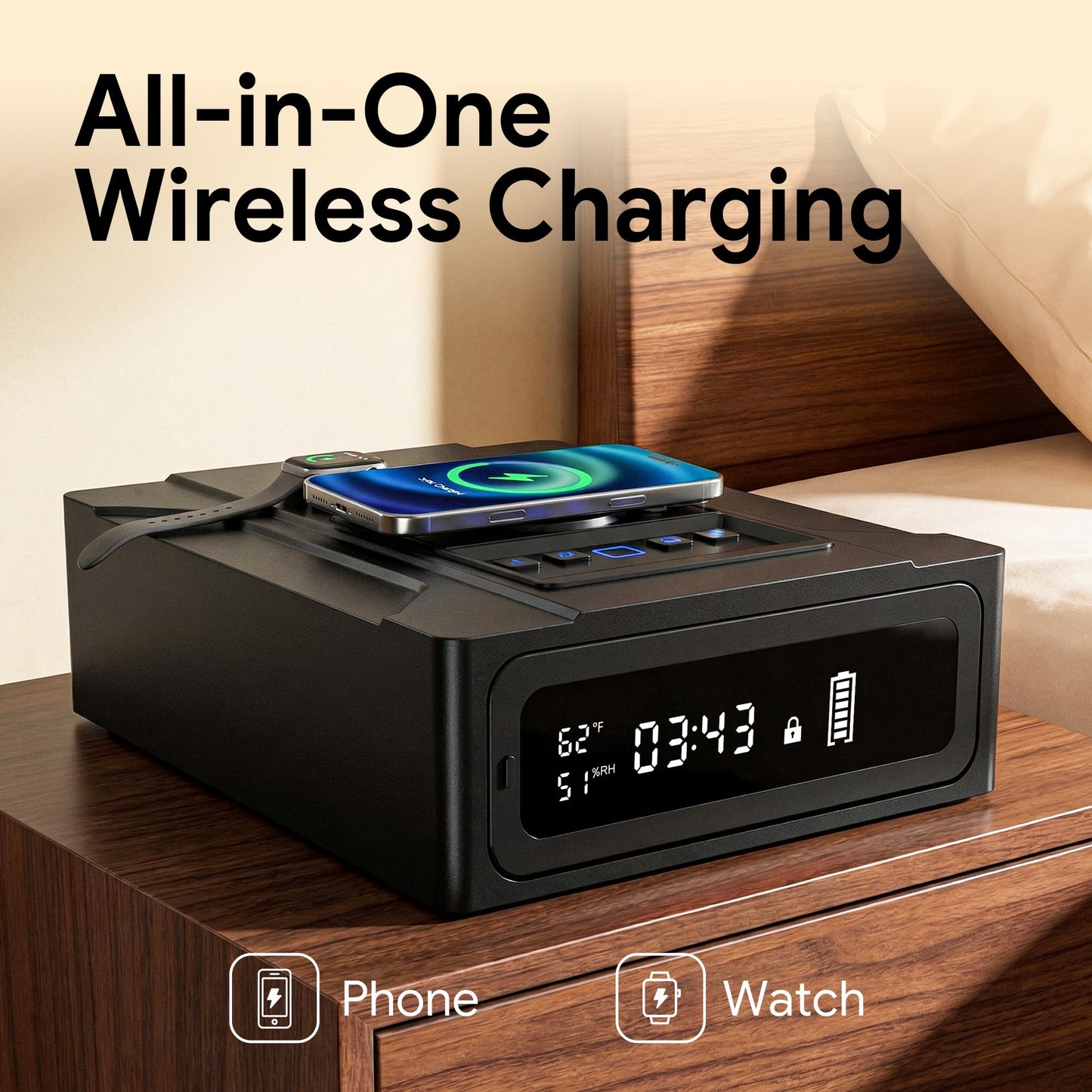 ORARAER Bedside Gun Safe with Wireless Charging - Biometric Safe with Fast Fingerprint, Backup Key & USB-C Emergency Unlock, Alarm Clock & Humidity Display, Bolt Down for Home Security