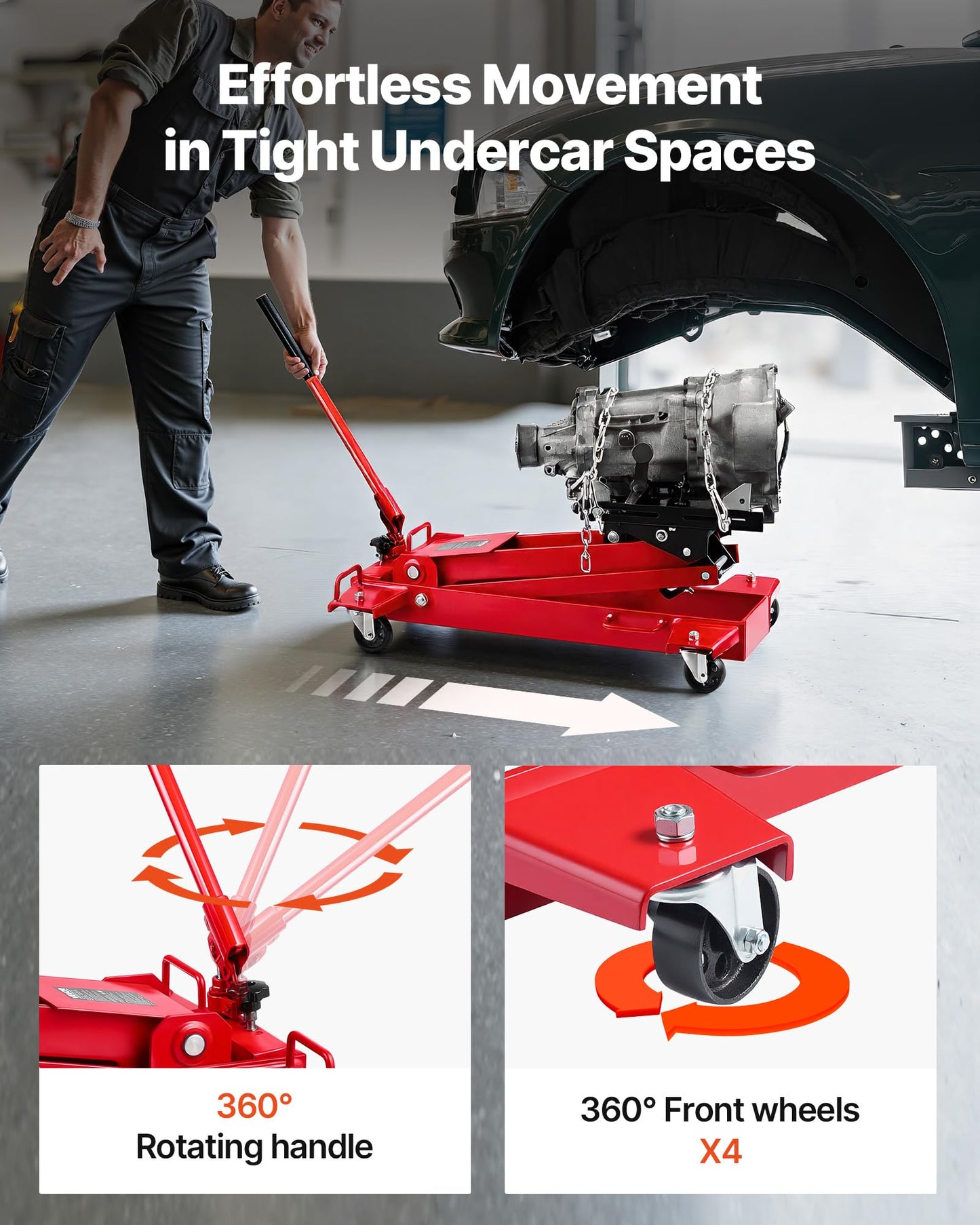 VEVOR Adjustable Floor Transmission Jack 2200 lbs/1T Low Profile Hydraulic Transmission Telescoping Heavy-Duty Lift Jack 7.28-27.6 in Lifting Height, 360° Swivel Front Wheels