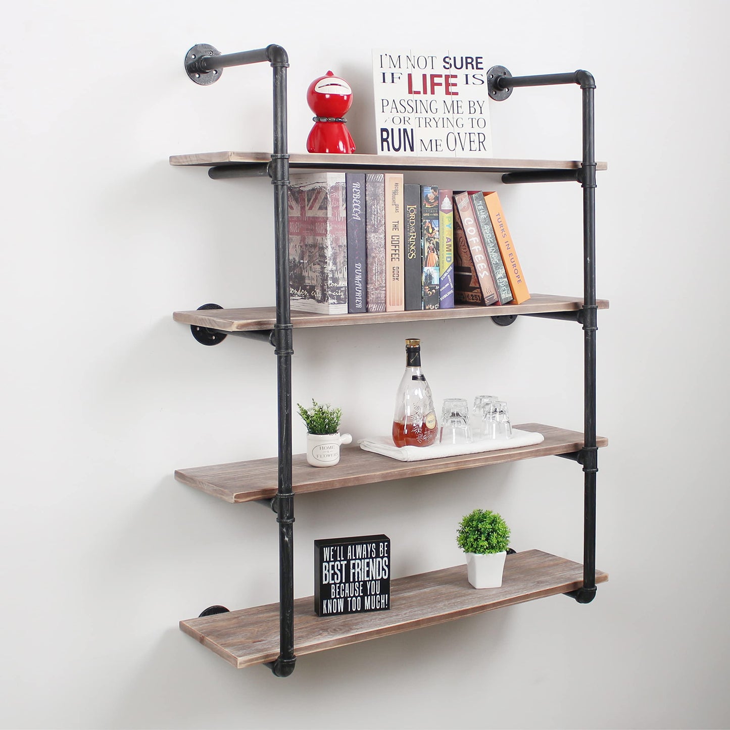 MBQQ Industrial Pipe Shelving Wall Mounted,48in Rustic Metal Floating Shelves,Steampunk Real Wood Book Shelves,Wall Shelf Unit Bookshelf Hanging Wall Shelves,Farmhouse Kitchen Bar Shelving(4 Tier)