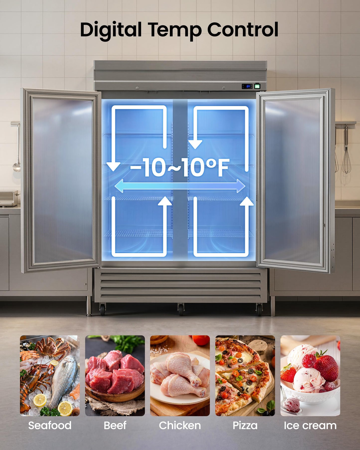 54" Commercial Reach-In Freezer, 42 Cu.Ft Upright Stainless Steel Freezer, 2 Solid Doors, Auto Defrost, -10°F to 10°F Temperature Range, Commercial Freezer for Restaurant, Bar, Shop