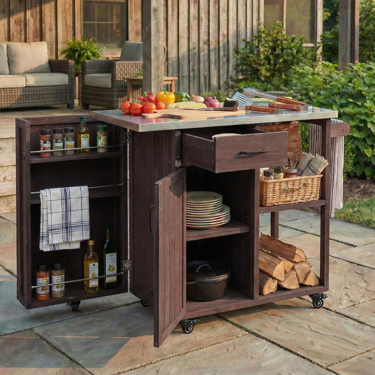 Outdoor Kitchen Island Cart with Stainless Steel Top, Rolling Grill Table with Storage Cabinet Drawer Shelves & Towel Rack, Wooden BBQ Prep Station with Lockable Wheels for Patio Backyard, Dark Brown