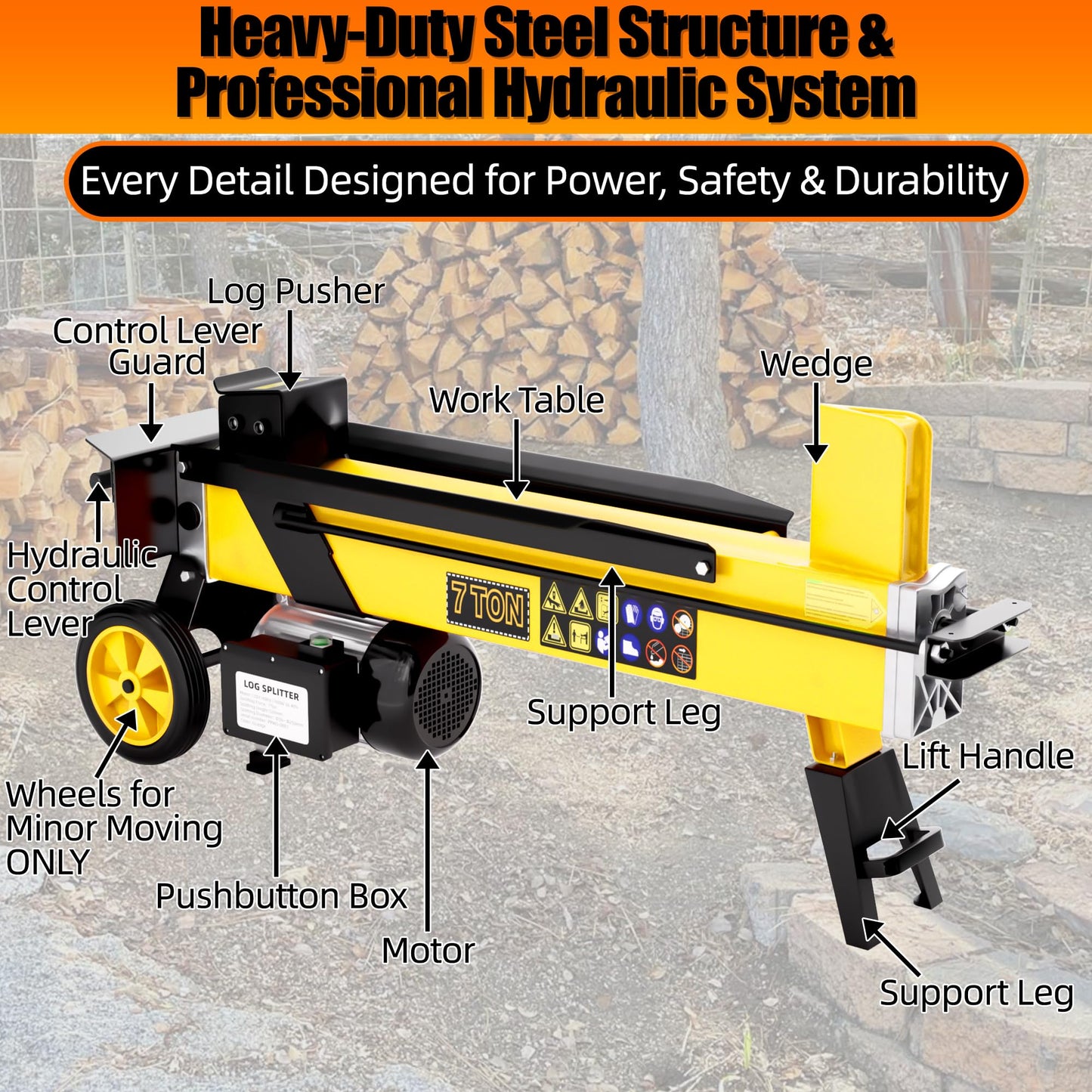 PPOLB 7 Ton Electric Wood Splitter, 15Amp Hydraulic Log Splitter, Portable Electric Log Splitter for Firewood, Compact Horizontal Wood Splitter for Backyard, Garage, Cabin - Yellow