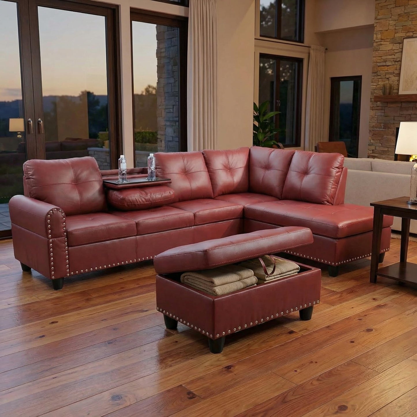 Topcomfy Red Sectional Couches for Living Room with Movable Chaise & Storage Ottoman - 97.5" Leather L Shaped Couches for Living Room Apartment, Home Modular Sectional Sofas with Cup Holder