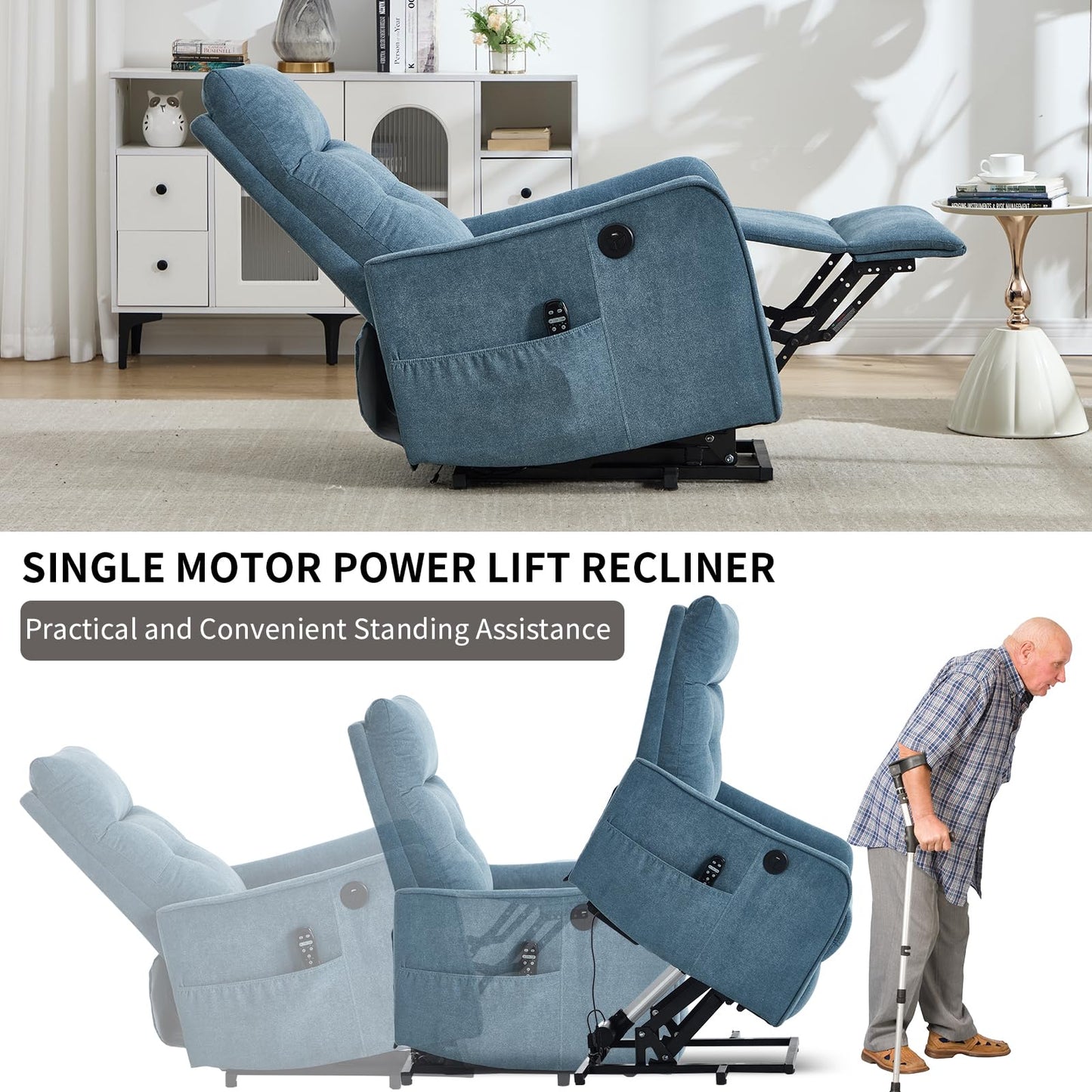 KEIKI Single Motor Power Lift Recliner Chair with Massage and Heat for Home Theater, Soft Fabric Finish with USB Charging Port and Motion Mechanism for Elderly
