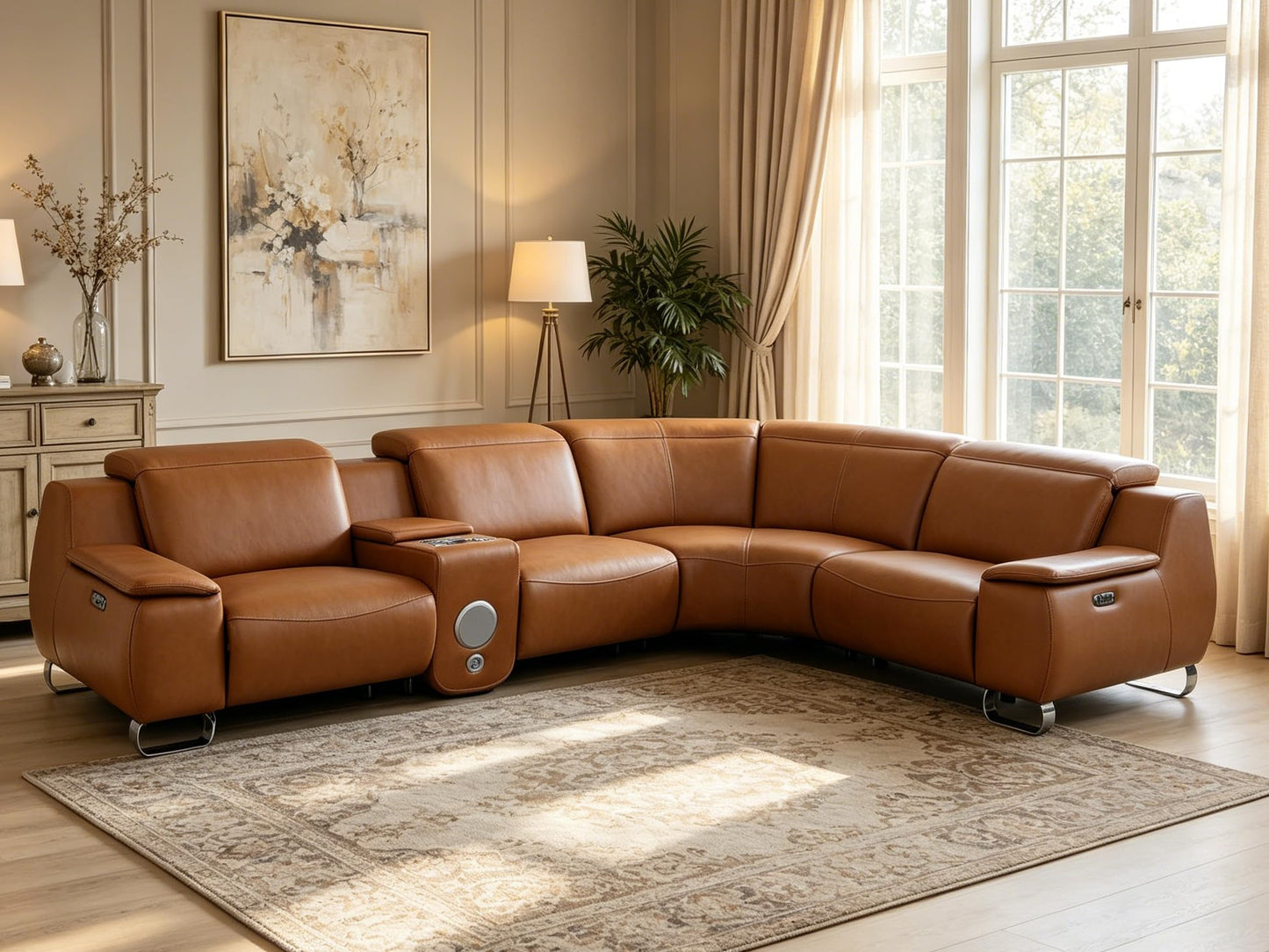 Trygoal Power Reclining Sectional Sofa Set, Modern L-Shaped Couch with USB Charging, 4 Seat Power Reclining Sofa, Reclining Sectional Couches for Living Room, Home, Office, Leather, Orange Yellow
