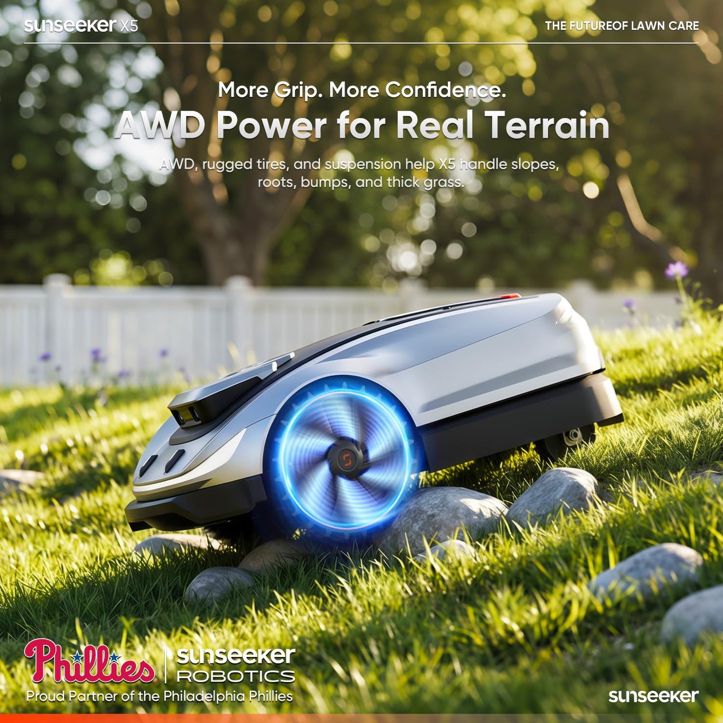 Sunseeker X5 AWD Robot Lawn Mower, 0.5 Acre / 21,780 Sq. Ft., Wireless No Boundary Wire Mower with RTK Vision Navigation, AI Obstacle Avoidance, App Control