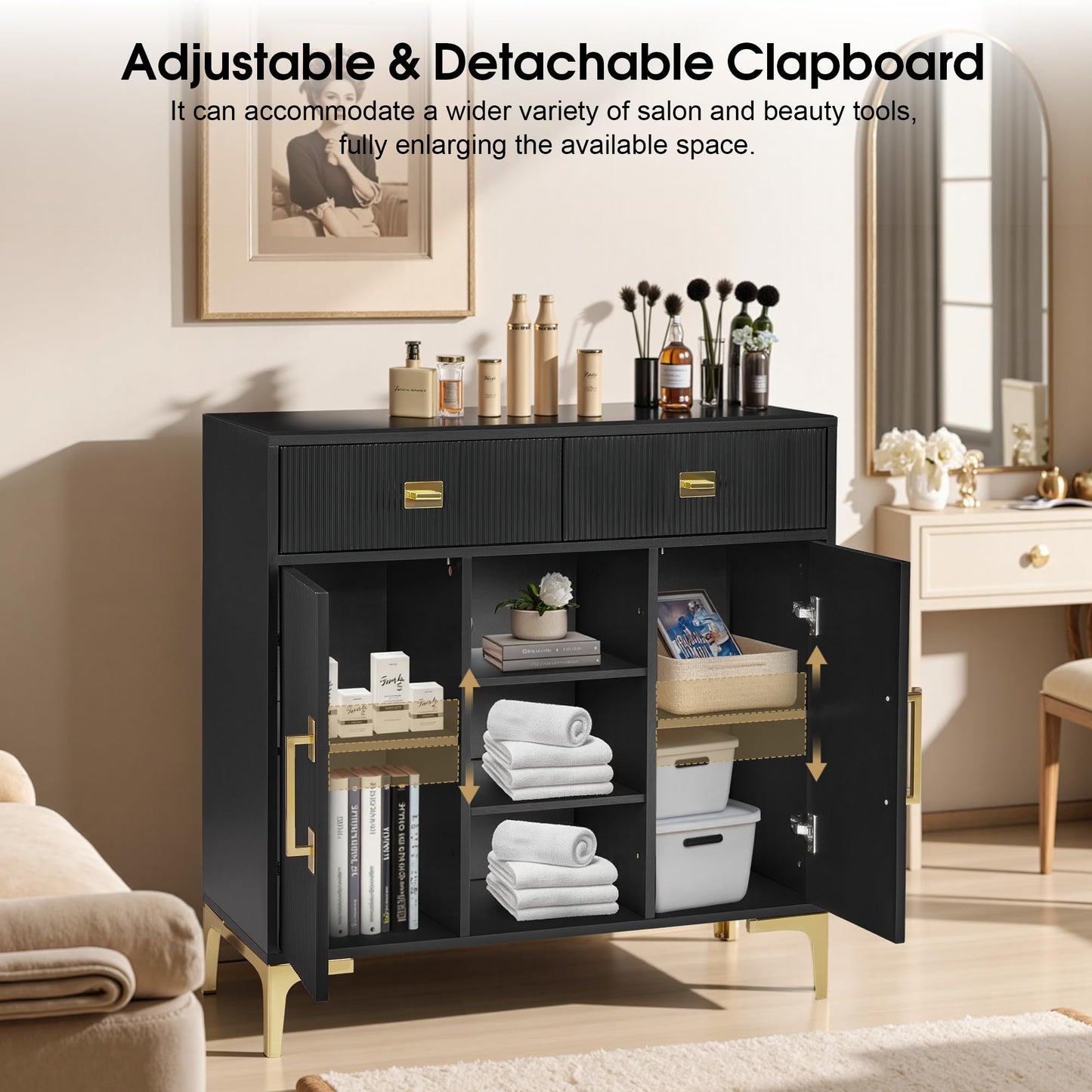 BarberPub Fluted Barber Station for Storage, Modern Beauty Salon Cabinet with Drawer & Open Space, SPA Freestanding Organizer 3161 (Black)