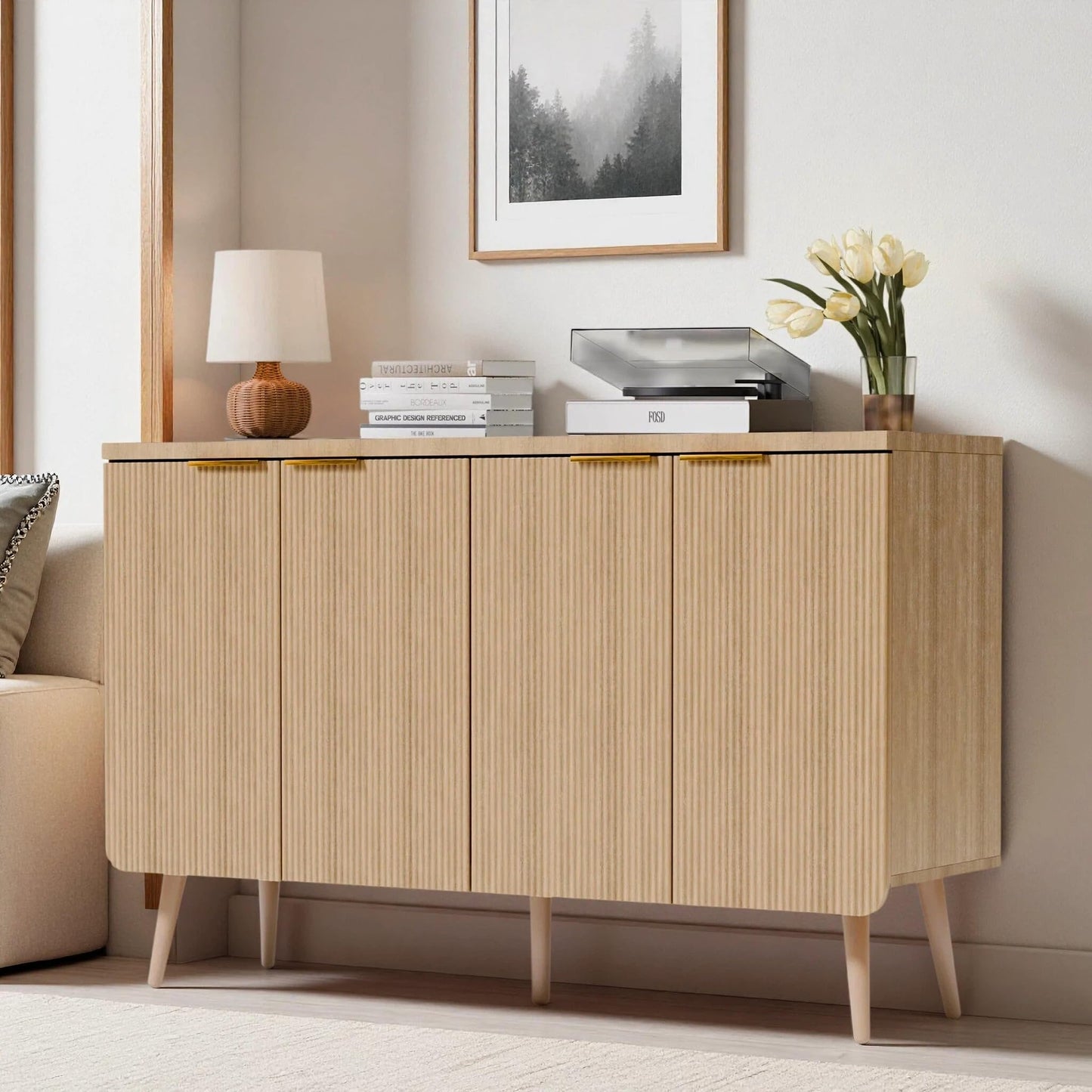 Trygoal Fluted Sideboard Buffet Cabinet with Storage, 4 Door Modern Credenza with Shelves, Wood Entryway Cabinet for Dining Room, Bedroom &Living Room (Natural Wood)