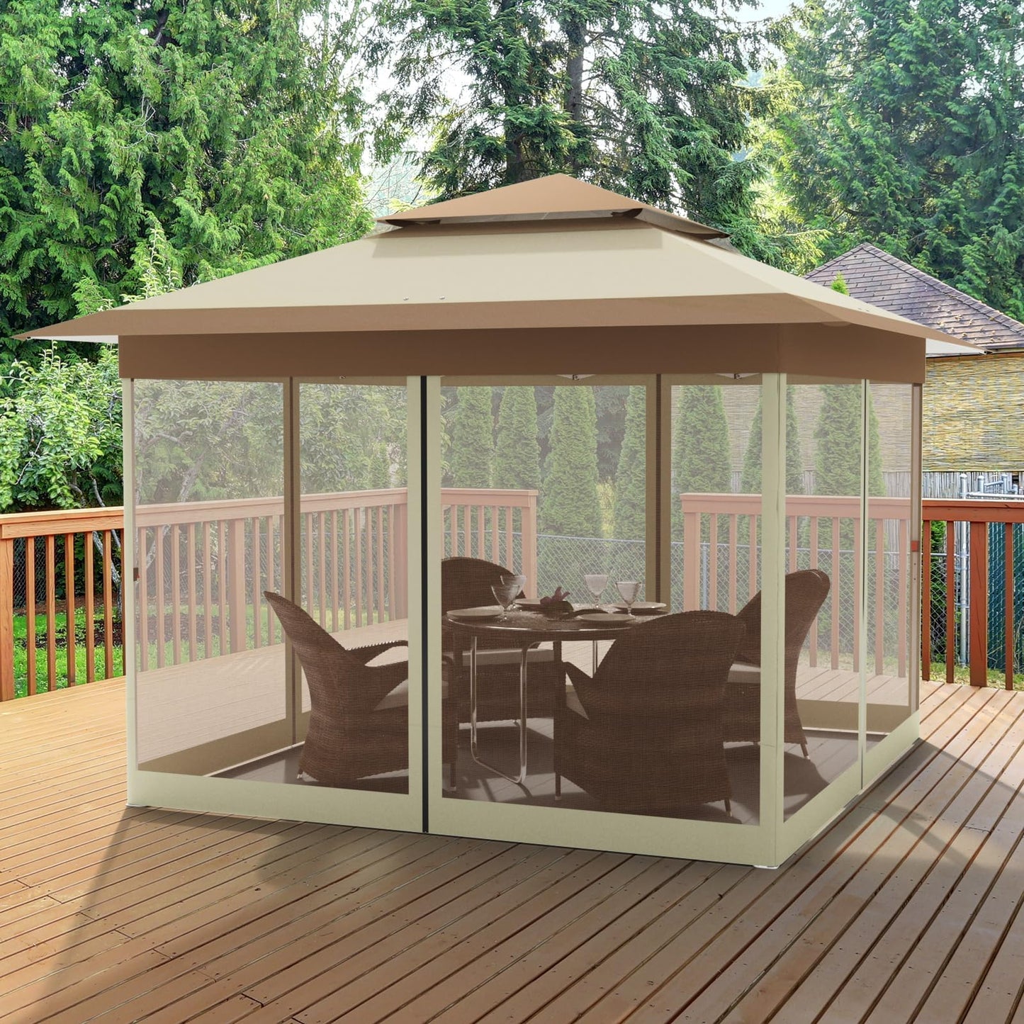 MAMIZO 13ft Pop Up Gazebo, Outdoor Instant Canopy Tent w/4 Netting Sidewall & Auto Extending Eave, Patio Gazebos Shelter w/Mesh Wall, Center Lock, Wheeled Bag for Garden, Yard (Khaki, 13X13FT)