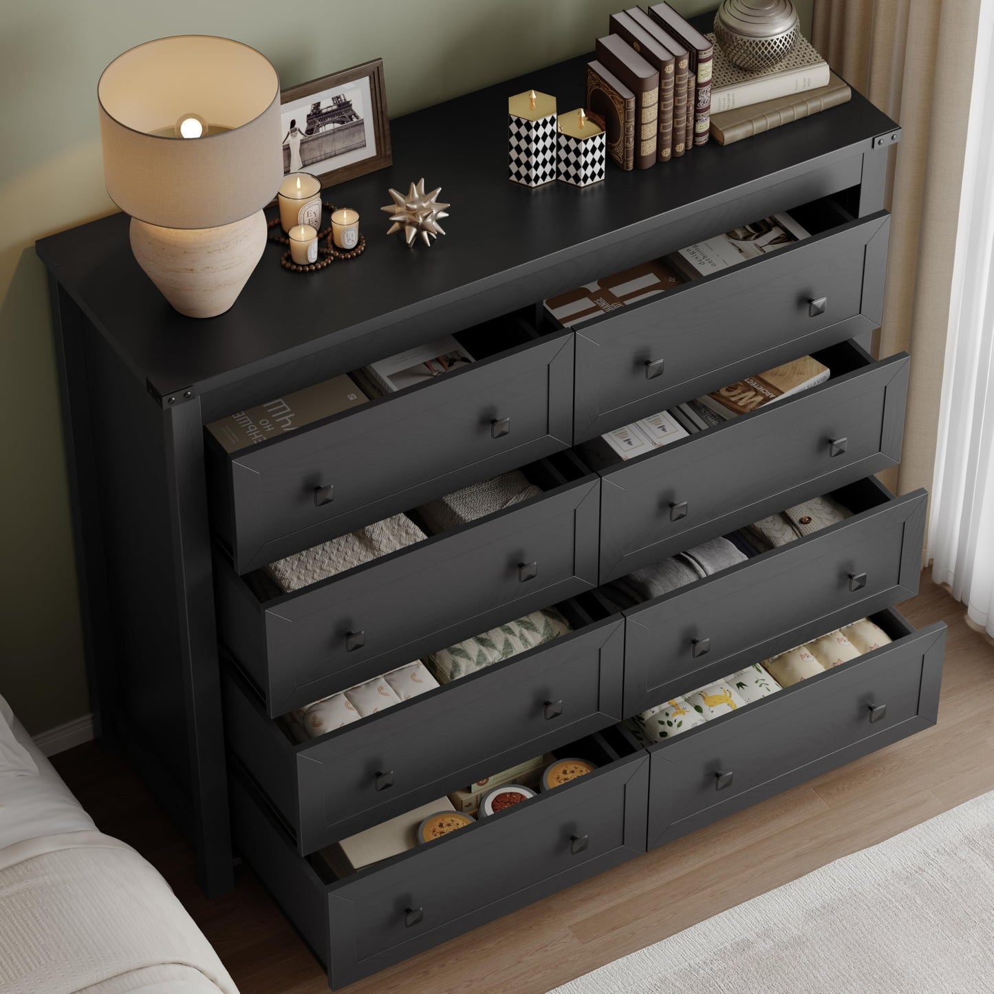 BORNOON Tall 8-Drawer Dresser, Modern Wooden Storage Chest of Drawers, Dresser TV Stand, Wood Drawer Organizer with Metal Handles for Bedroom, Living Room, Hallway