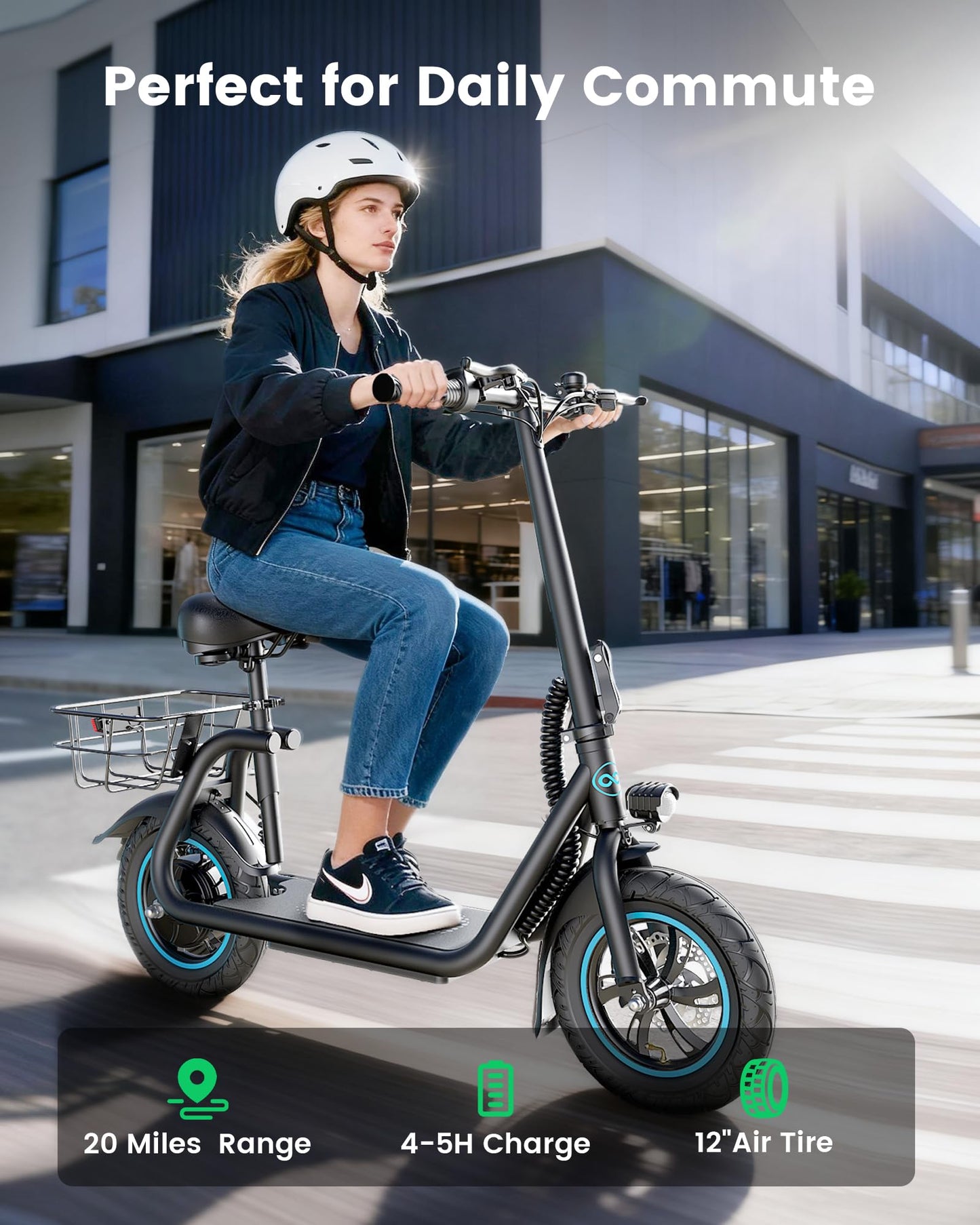 AWWSCOOTER C1 Electric Scooter with Seat for Adults, 450W Motor, 20-Mile Range, 16 MPH, Foldable Commuter E-Scooter with Basket for Grocery, Pets, and Daily Commute–Professional Black