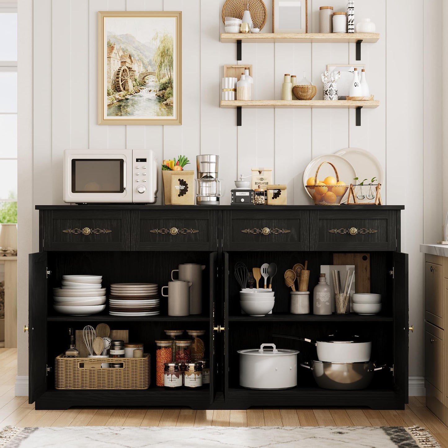 Garvee 63" Large Buffet Sideboard with Storage, 36" Tall Kitchen Buffet Storage Cabinet with 4 Drawers, Modern Coffee Bar Cabinet with Gold Handles, Long Sideboard Buffet Table for Kichen, Black