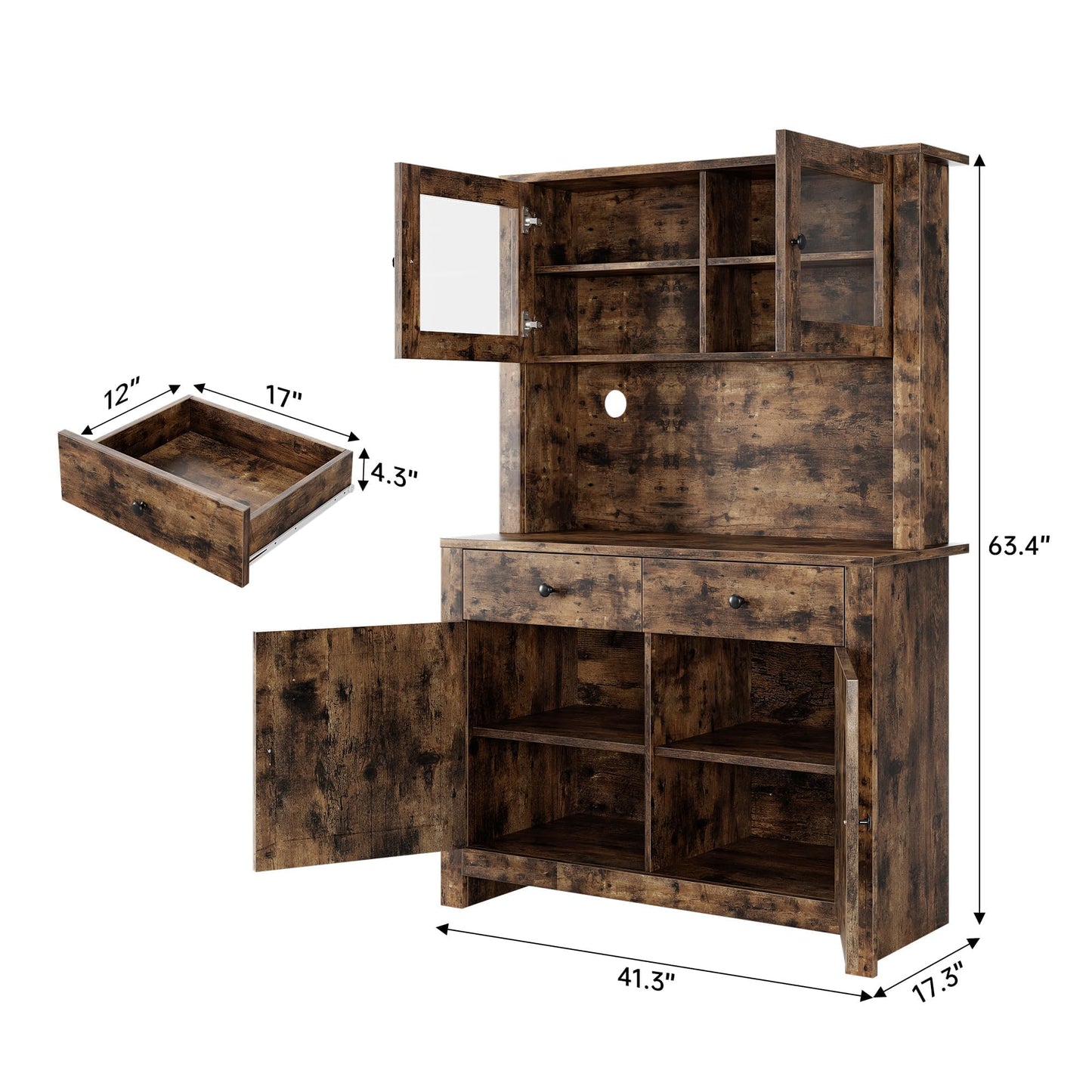 IDEALHOUSE 63" Kitchen Pantry Cabinet with Drawers, Hutch Cabinet with Storage, Microwave Stand, Adjustable Shelves, Freestanding Tall Pantry Storage for Dining Room, Living Room, Rustic Brown