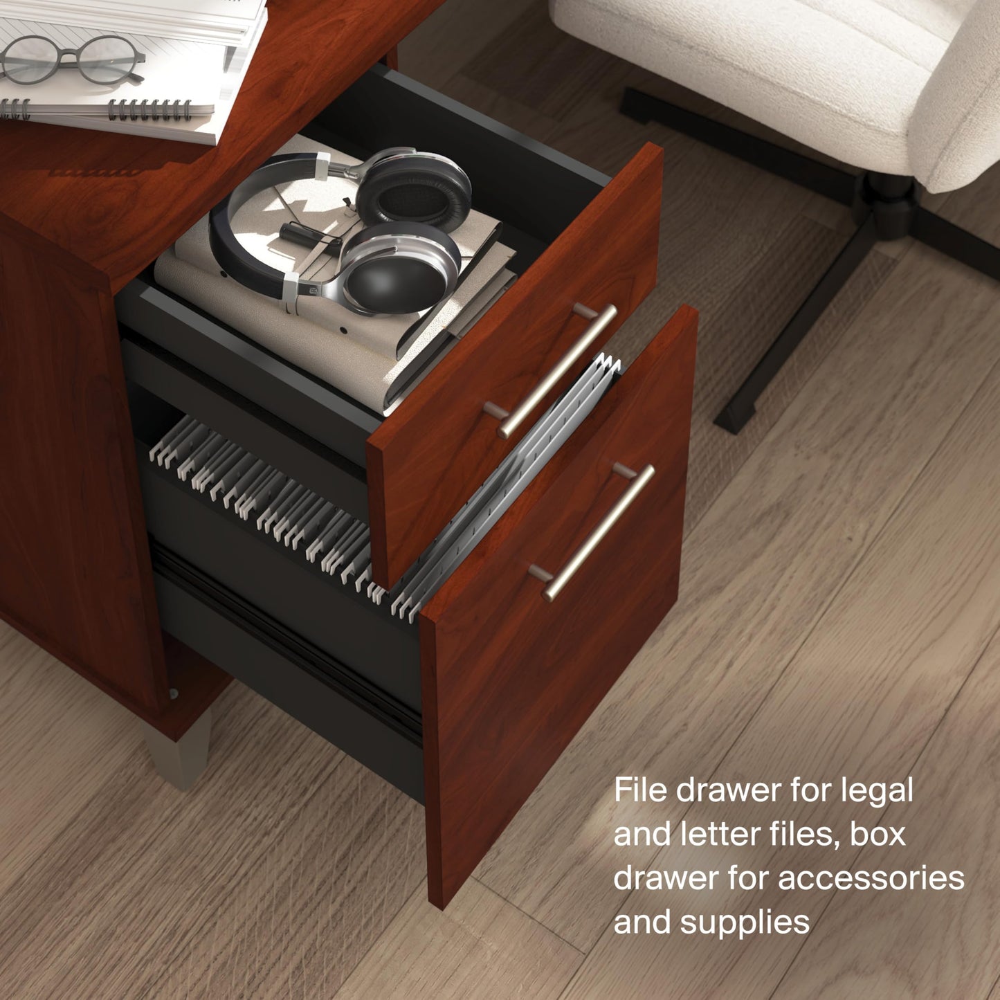 Bush Home 72-Inch L-Shaped Sit to Stand Desk with Hutch, Adjustable Height Standing Corner Computer Desk with Drawers, Shelves and Storage Cabinet, Home Office, Somerset Collection, Hansen Cherry