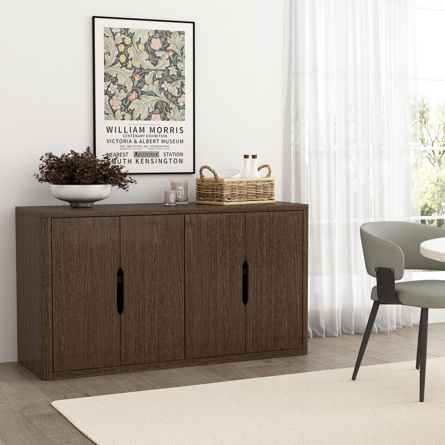 Manhattan Comfort Rivington Modern Sideboard Buffet Cabinet with Storage – 60" Media Console Table with Doors and 4 Adjustable Shelves for Dining Room, Living Room, or Entryway, Walnut